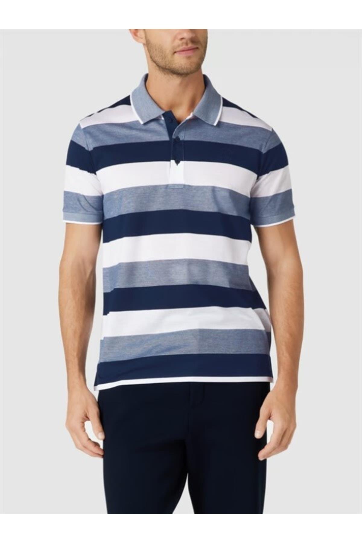 Paul Shark Paul Shark Erkek Marka Logo Detaylı Çizgili Regular Fit Kısa Kollu Mavi Polo Yaka T-Shirt 23411260-249