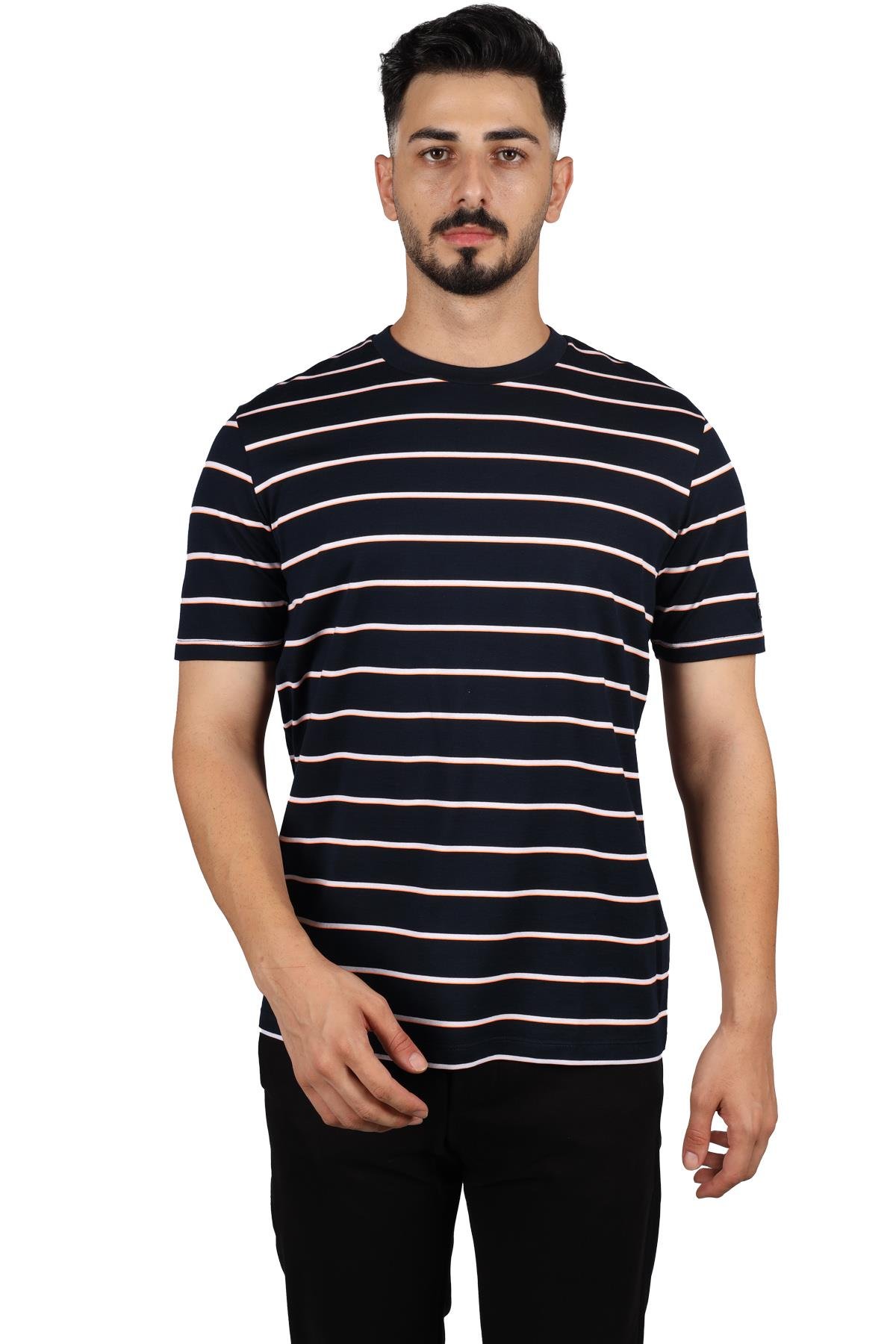 Paul Shark Paul Shark Erkek Marka Logo Detaylı Çizgili Regular Fit Kısa Kollu Lacivert-Beyaz T-Shirt 23411082-266