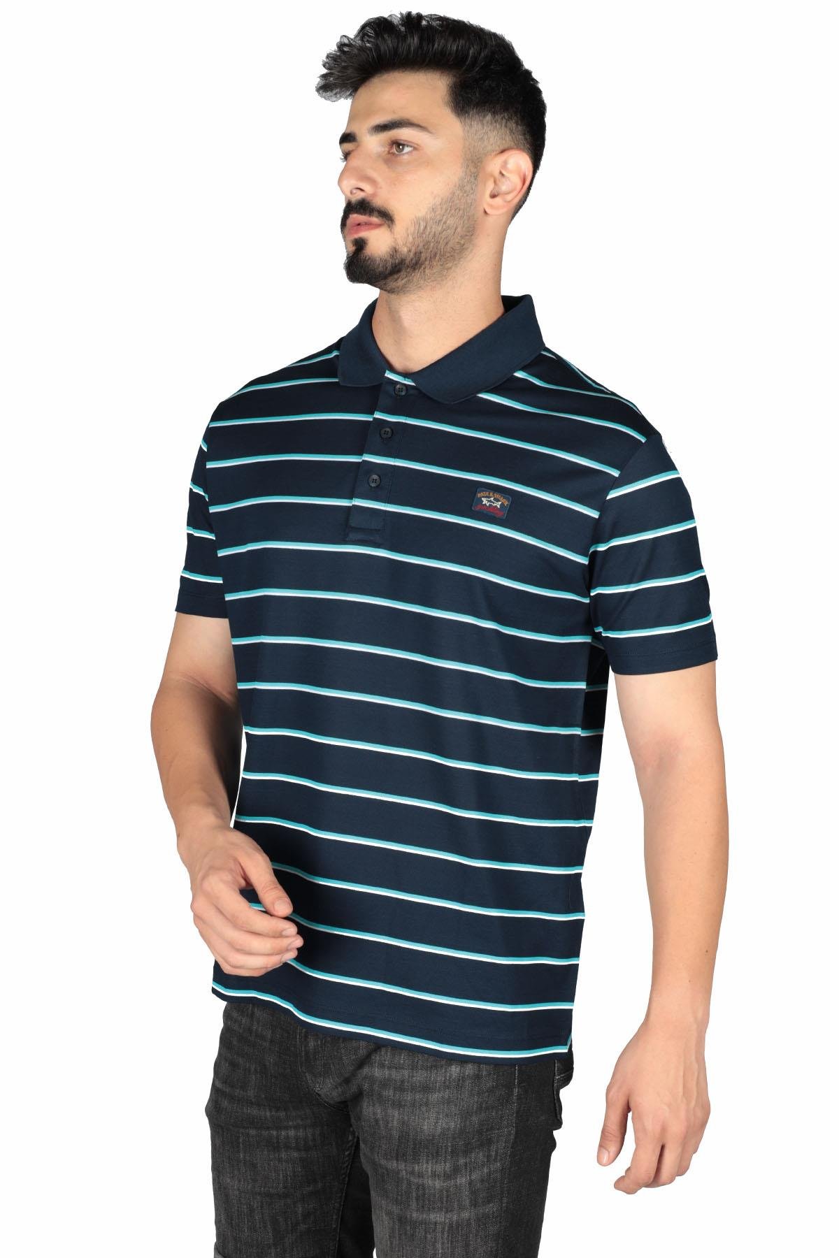 Paul Shark Paul Shark Erkek Marka Logo Detaylı Çizgili Regular Fit Kısa Kollu Mavi-Turkuaz Polo Yaka T-Shirt 23411277-262