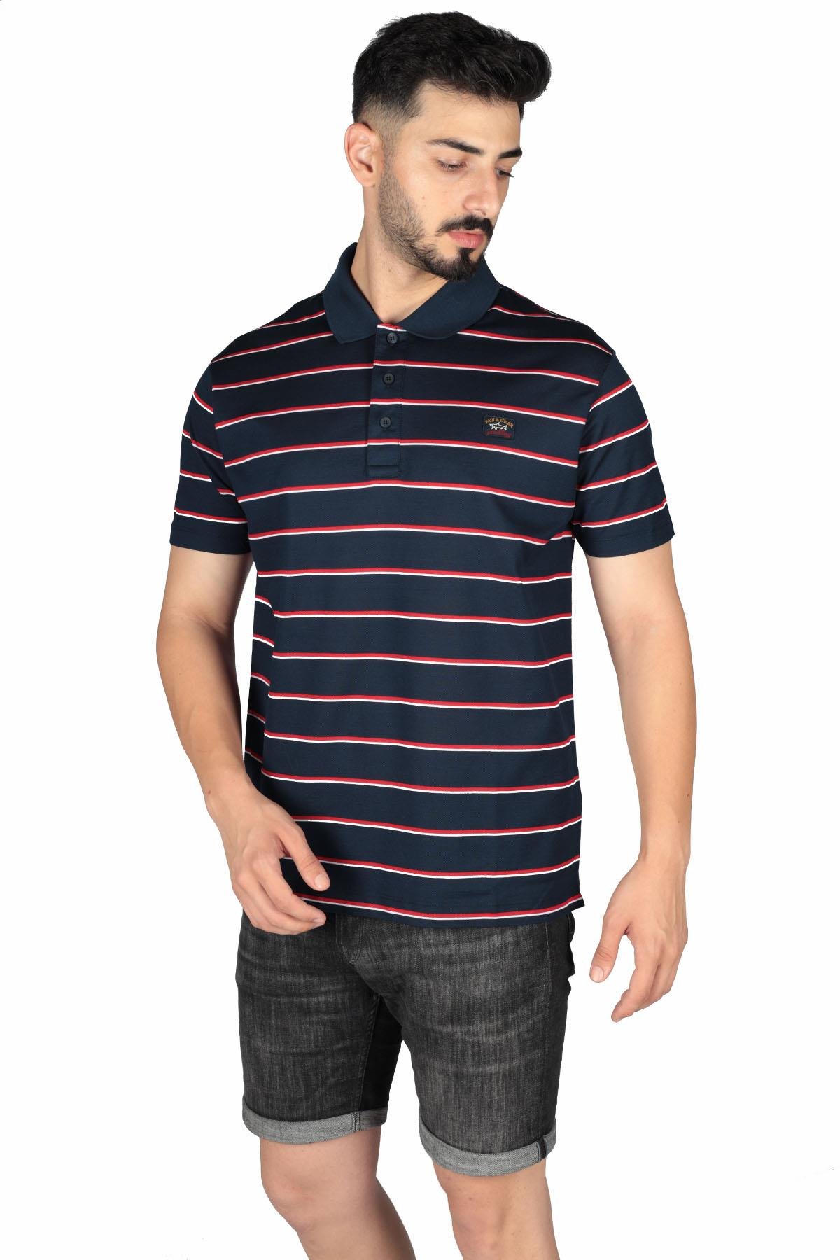 Paul Shark Paul Shark Erkek Marka Logo Detaylı Çizgili Regular Fit Kısa Kollu Lacivert-Kırmızı Polo Yaka T-Shirt 23411277-261