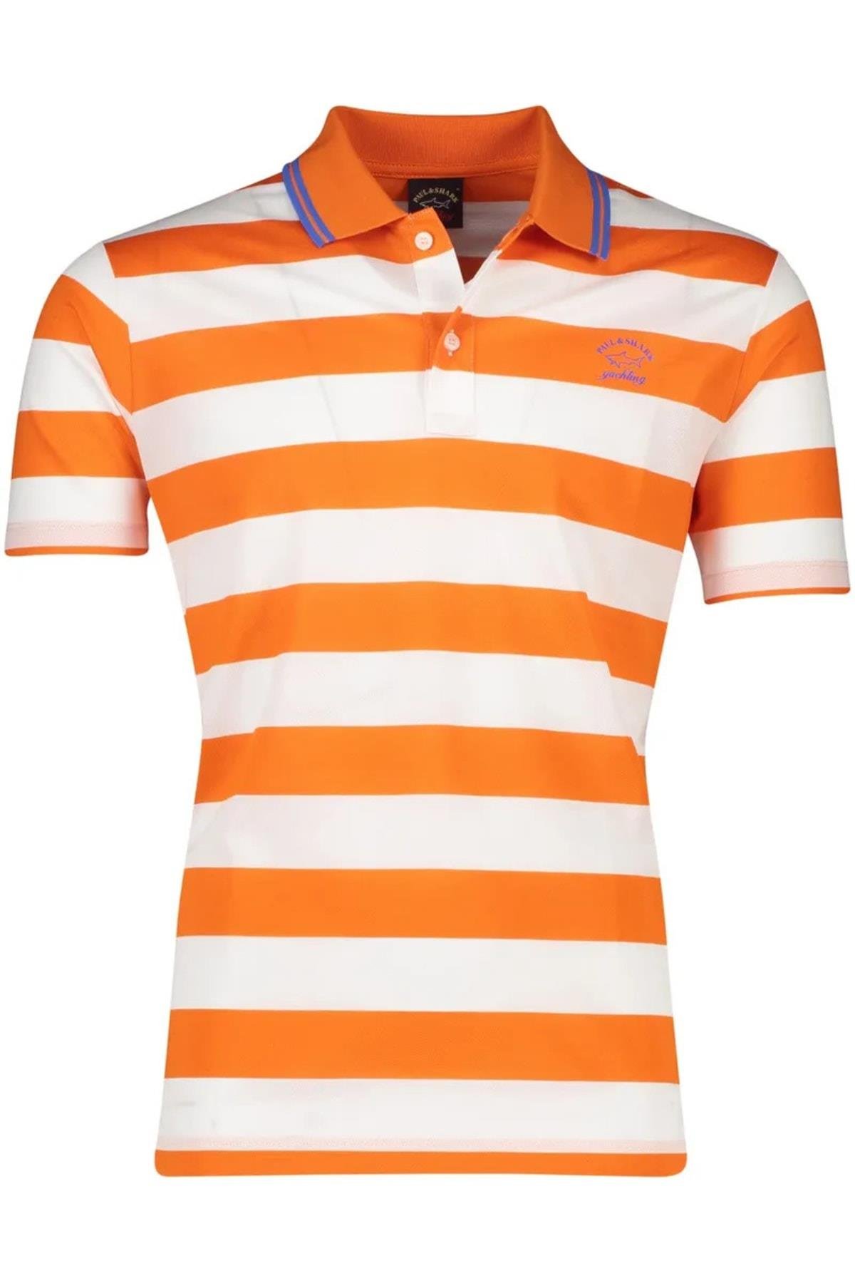 Paul Shark Paul Shark Erkek Pamuklu Regular Fit Çizgili Kısa Kollu Beyaz-Turuncu Polo Yaka T-Shirt 23411231A-146