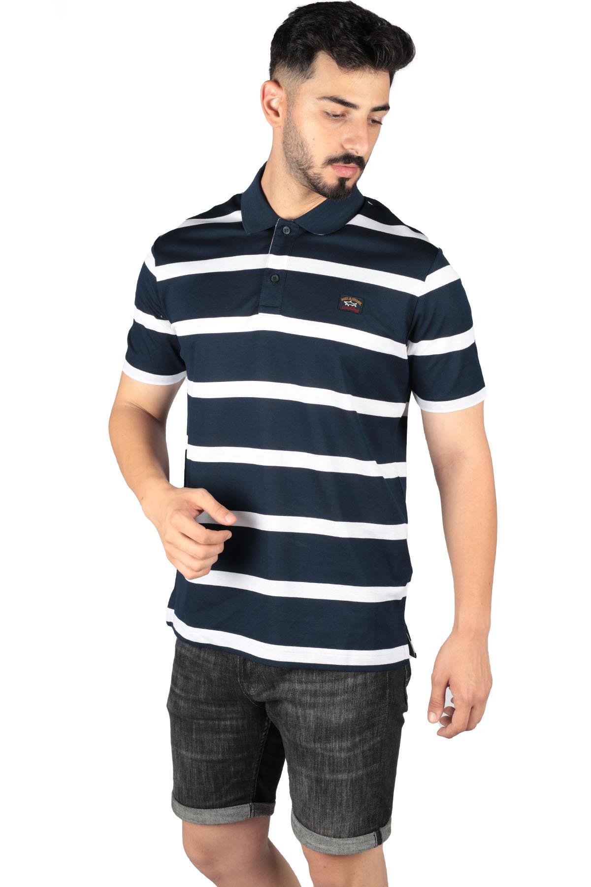 Paul Shark Paul Shark Erkek Pamuklu Regular Fit Çizgili Kısa Kollu Lacivert-Beyaz Polo Yaka T-Shirt 23411340-218