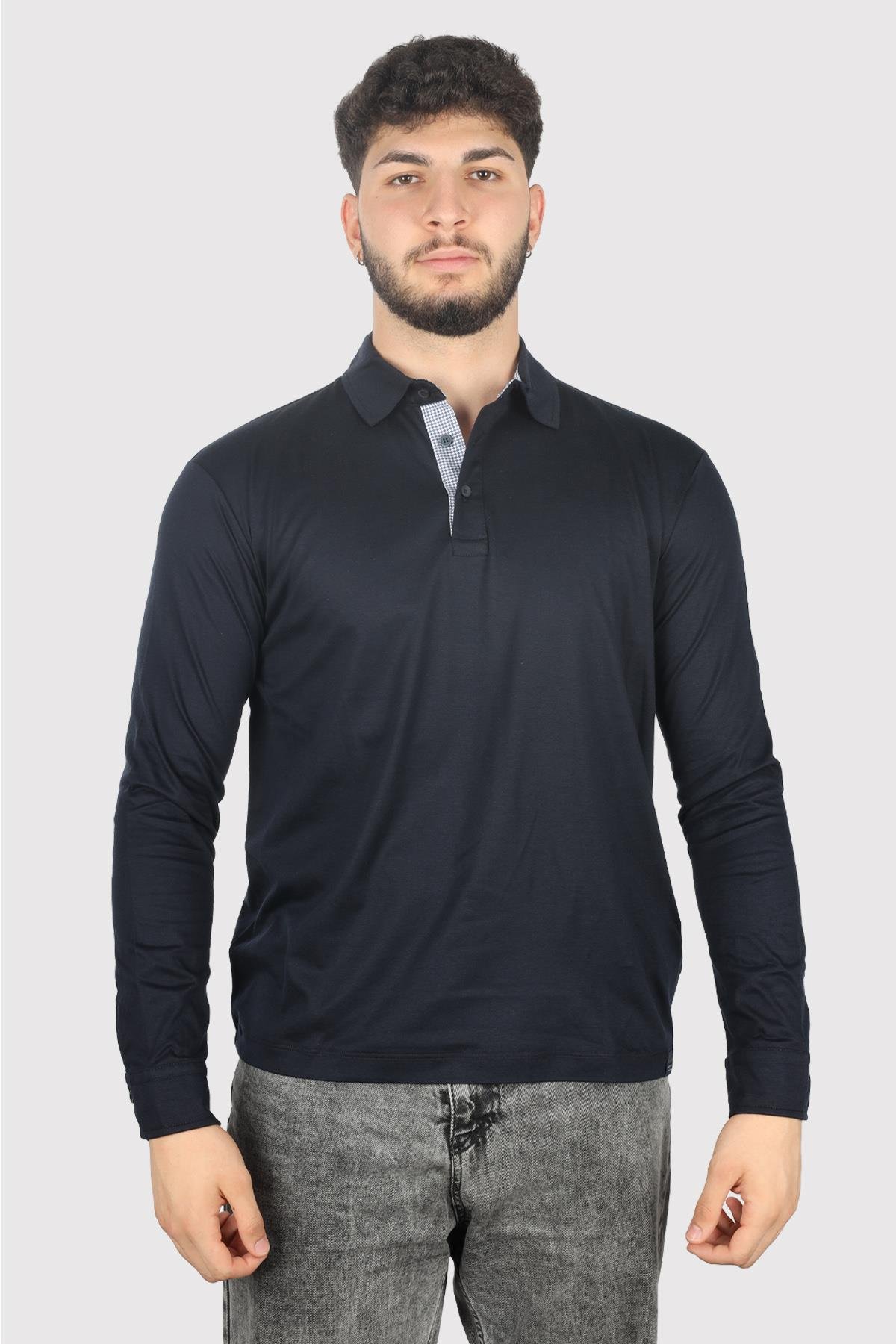 Paul Shark Paul Shark Erkek Uzun Kollu Düğme Kapamalı Polo Yaka Lacivert Polo Yaka T-Shirt 14311744-050