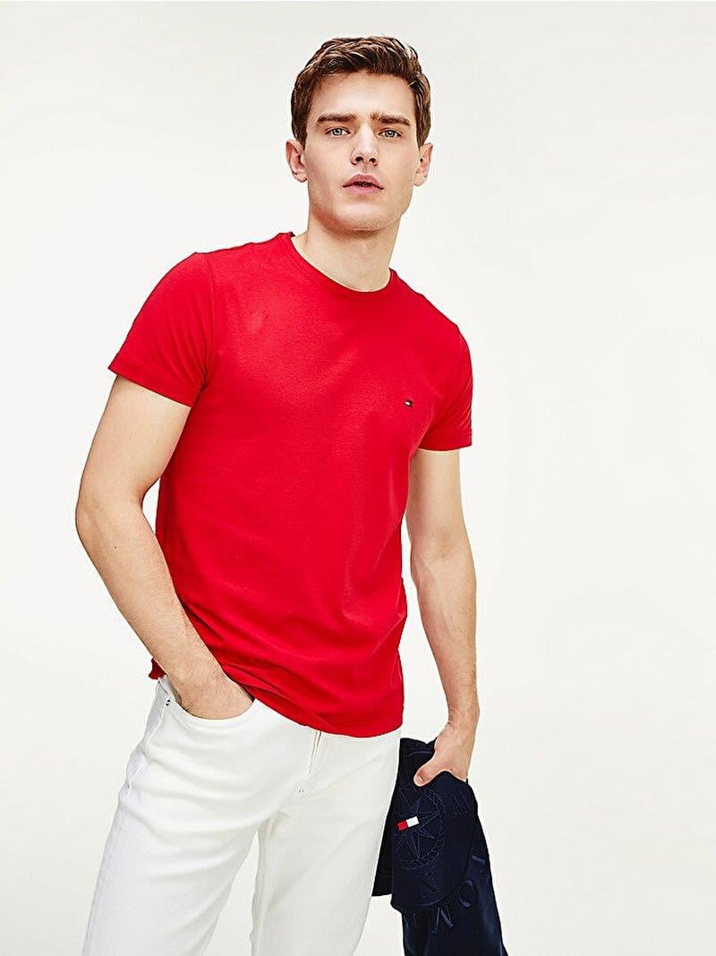 Tommy Hilfiger Tommy Hilfiger Erkek Dokuma Kumaş Kısa Kol Düz Model Kırmızı T-Shirt MW0MW10800-XLG