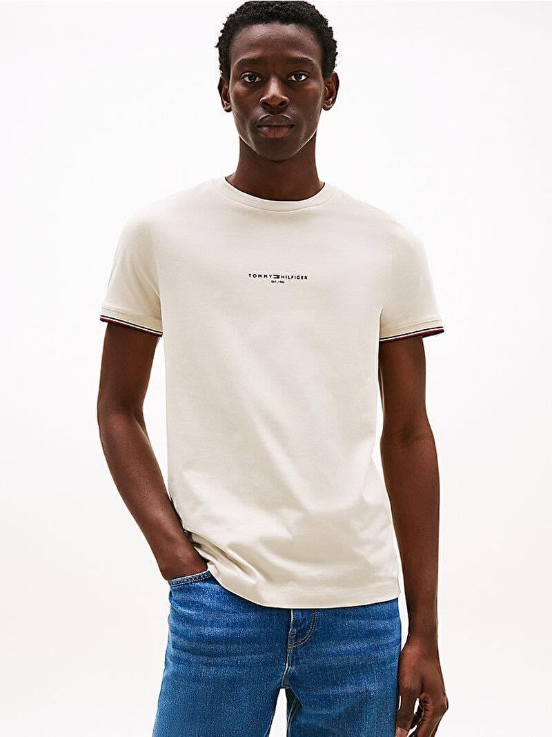 TOMMY HILFIGER Tommy Hilfiger Erkek Dokuma Kumaş Kısa Kol Düz Model Bej T-Shirt MW0MW32584-ACG