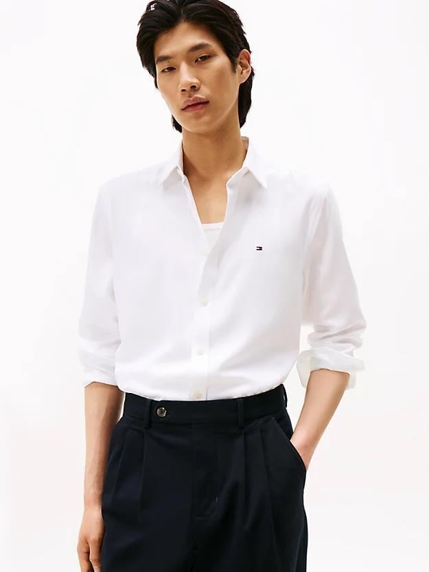 Tommy Hilfiger Tommy Hilfiger Erkek Slim Fit Nem Kontrol Özellikli Oxford Pike Dokuma Kumaş Uzun Kollu Beyaz Gömlek MW0MW40516-YBR