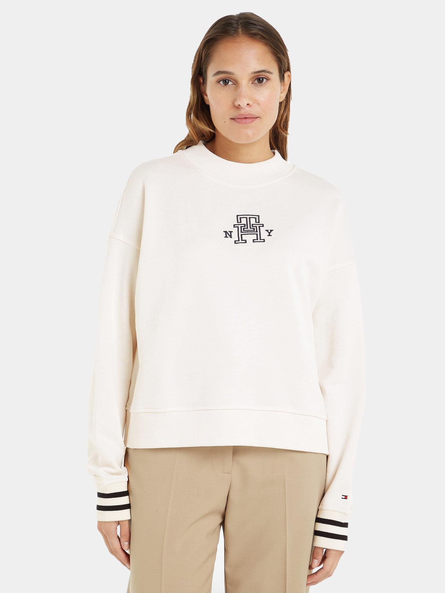 Tommy Hilfiger Tommy Hilfiger Kadın Logolu Desenli Uzun Kollu Günlük Kullanım Ekru Sweatshirt WW0WW39369-AC0