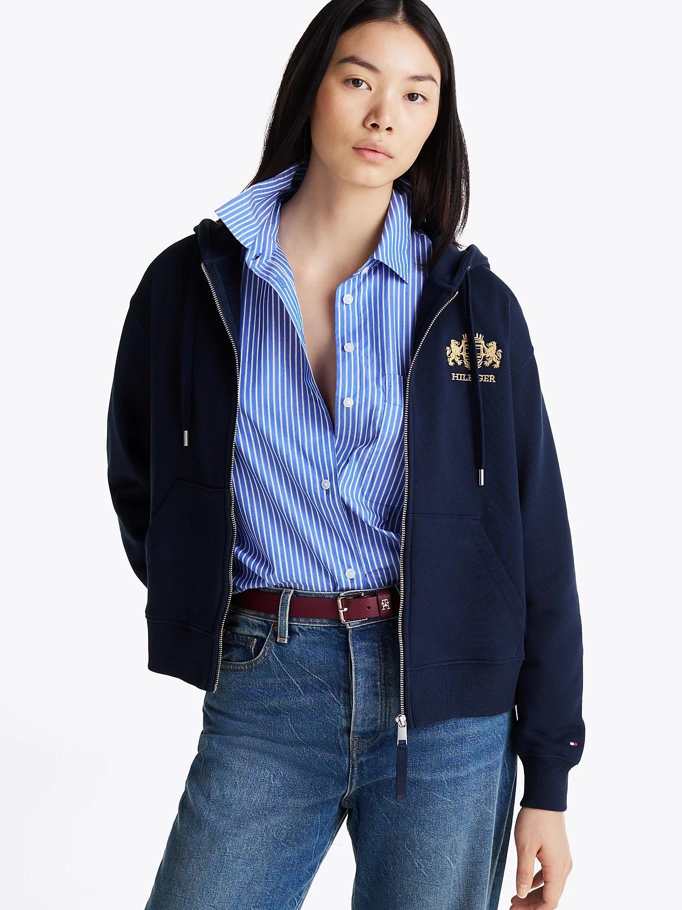Tommy Hilfiger Tommy Hilfiger Kadın Pamuklu Logo Nakışlı Fermuarlı Kapüşonlu Lacivert Sweatshirt WW0WW43850-C1G