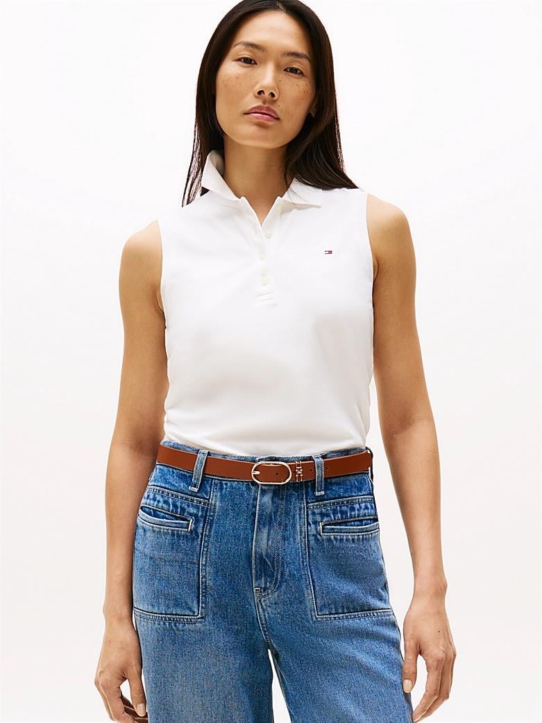 TOMMY HILFIGER Tommy Hilfiger Kadın Polo Yaka Düğme Kapama Sıfır Kol Beyaz Polo Yaka T-Shirt WW0WW46790-YBL