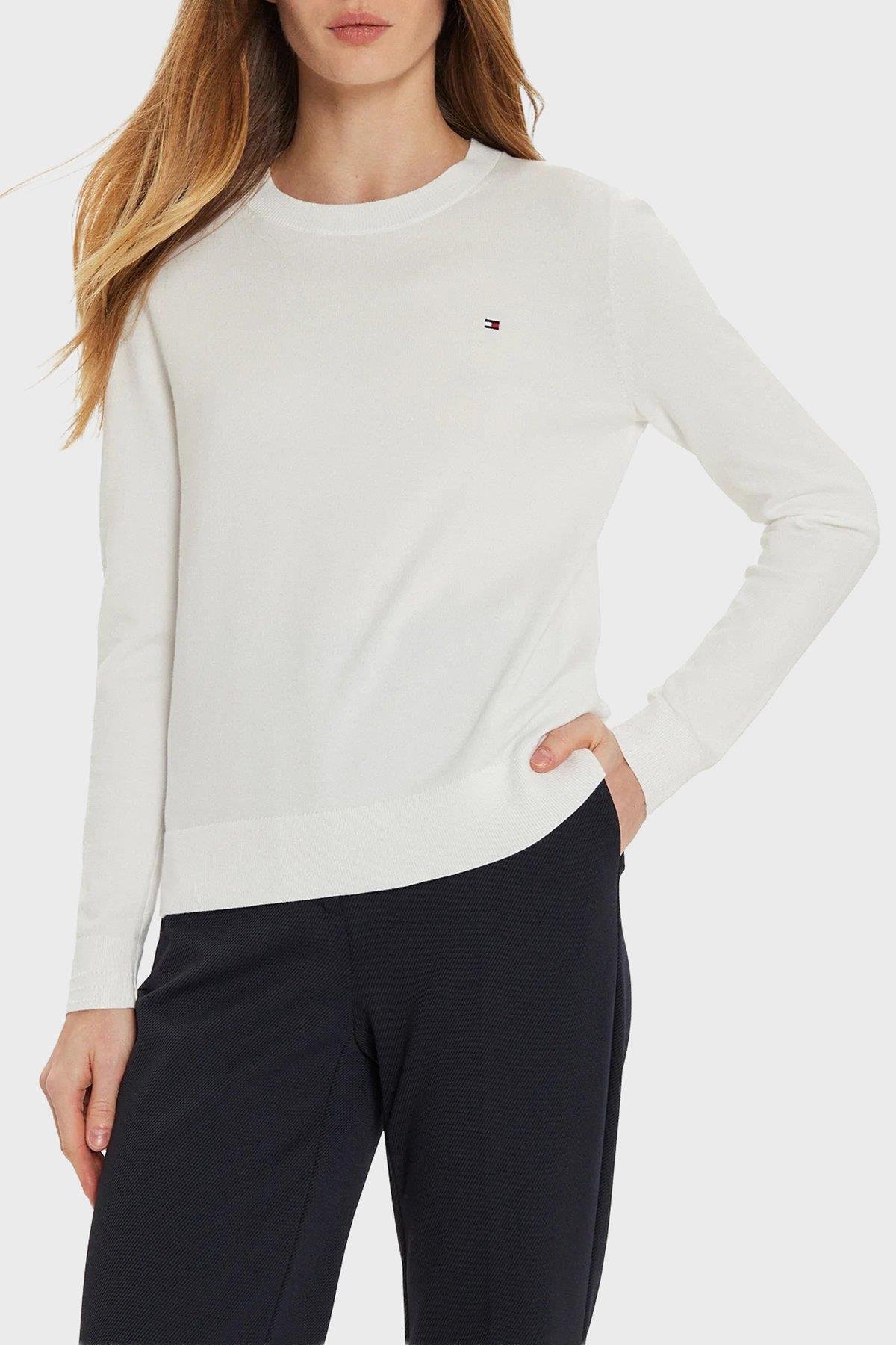 Tommy Hilfiger Tommy Hilfiger Kadın Regular Fit Ribanalı Yuvarlak Yaka Uzun Kollu Esnek Örme Ekru Kazak WW0WW44984-Z00