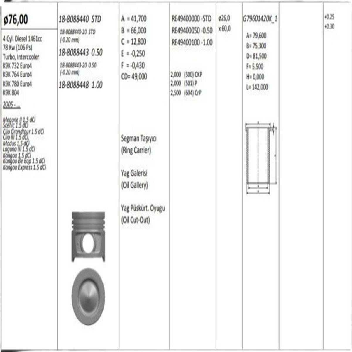 MOTOR PISTON+SEGMANI MEGANE II SCENIC CLIO III MODUS LAGUNA III KANGOO (1.5DCI EURO4 K9K) [(76.00MM)