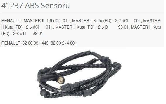 ABS SENSÖRÜ RENAULT - MASTER II 1.9 DCİ 01-.MASTER II KUTU FD - 2.2 DCI 00-.MASTER II KUTU FD - 2.5 DCİ 01-.MASTER II KUTU FD - 2.5 D 98-01. MASTER II KUTU FD - 2.8 DTI 98-01