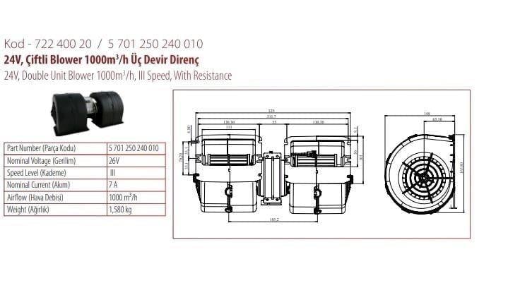 BLOWER 24V YENİ MODEL  ÇİFTLİ 335 -  1120 M3/D ÜÇ DEVİR 5701250240003