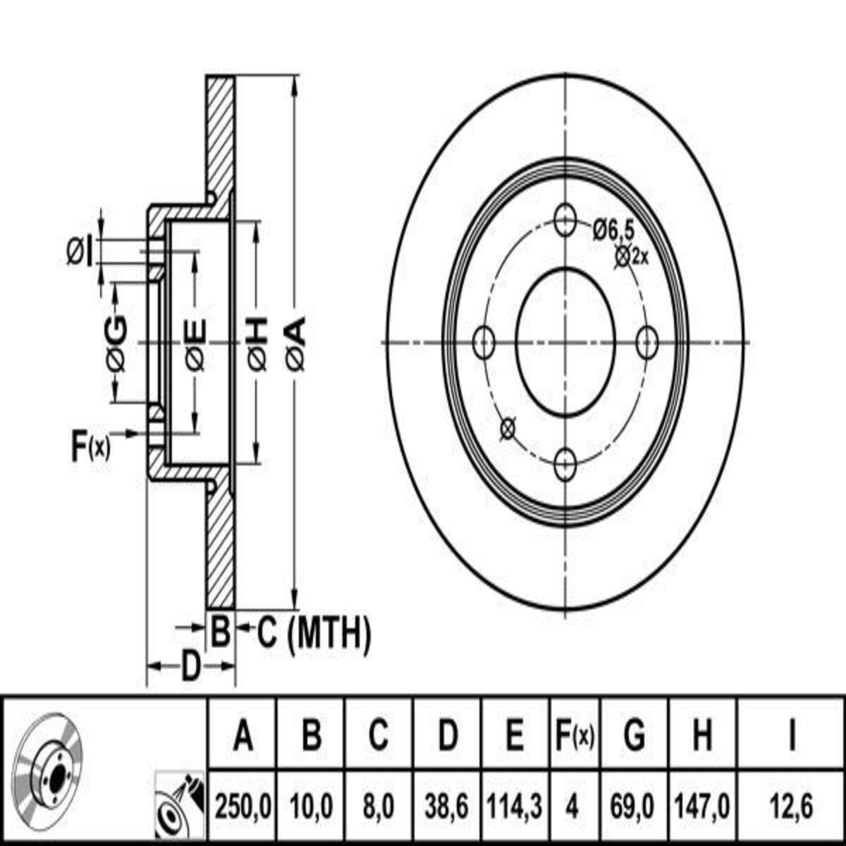 FREN DISK ARKA DUZ 250-4 ( MITSUBISHI: COLT 1.5 BENZINLI 04 - 10 / SMART: FORFOUR 04>07  )