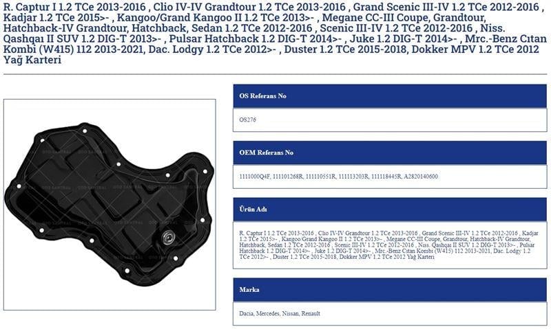 YAĞ KARTERİ RENAULT KANGOO II, MEGANE III-IV, CAPTUR, SCENIC IV CLIO IV, KADJAR, DUSTER, LODGY MERCEDES CITAN NISSAN QASHQAI