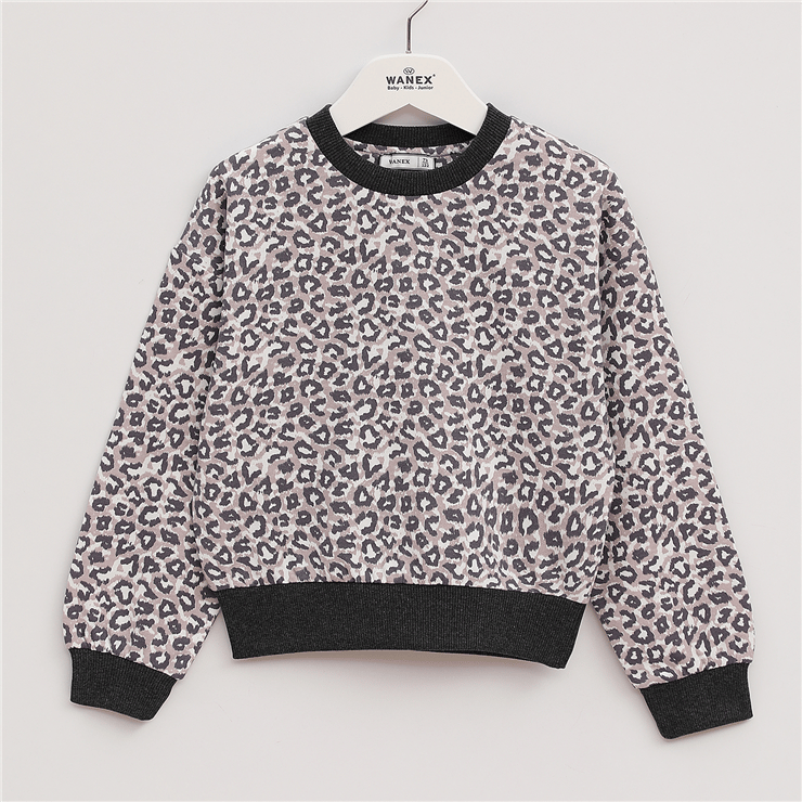 Kız Çocuk Bisiklet Yaka İki İplik Uzun Kol Leopar Desenli Sweat - 32006
