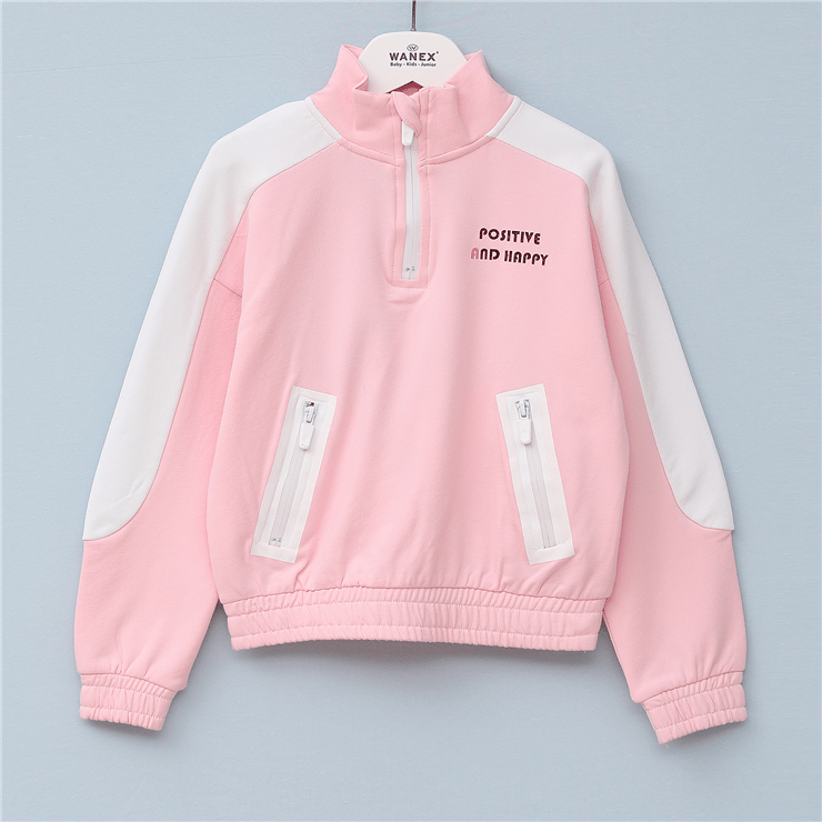 Kız Çocuk Dik Yaka Yarım Fermuarlı Şardonlu Uzun Kol Kalın Sweatshirt - 31989