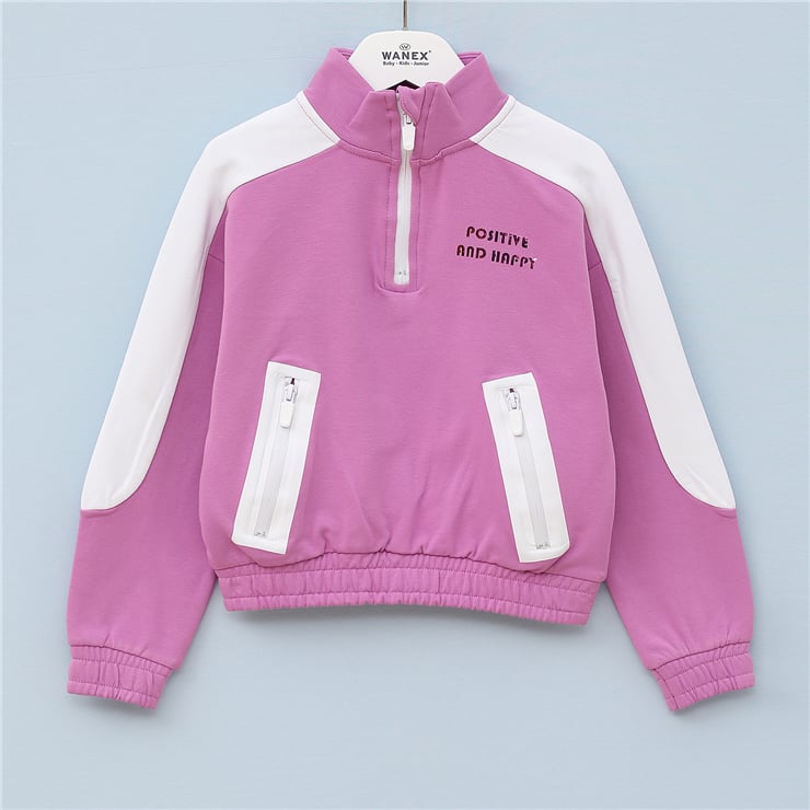 Kız Çocuk Dik Yaka Yarım Fermuarlı Şardonlu Uzun Kol Kalın Sweatshirt - 31989