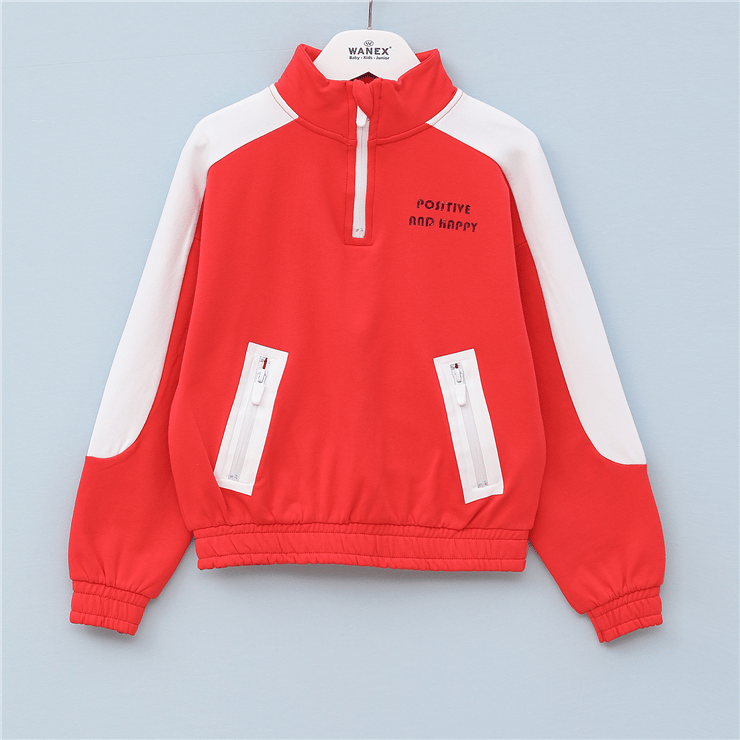 Kız Çocuk Dik Yaka Yarım Fermuarlı Şardonlu Uzun Kol Kalın Sweatshirt - 31989