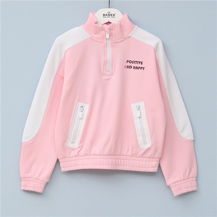 Kız Çocuk Dik Yaka Yarım Fermuarlı Şardonlu Uzun Kol Kalın Sweatshirt - 31989