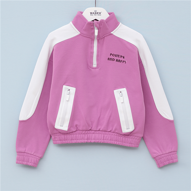 Kız Çocuk Dik Yaka Yarım Fermuarlı Şardonlu Uzun Kol Kalın Sweatshirt - 31989