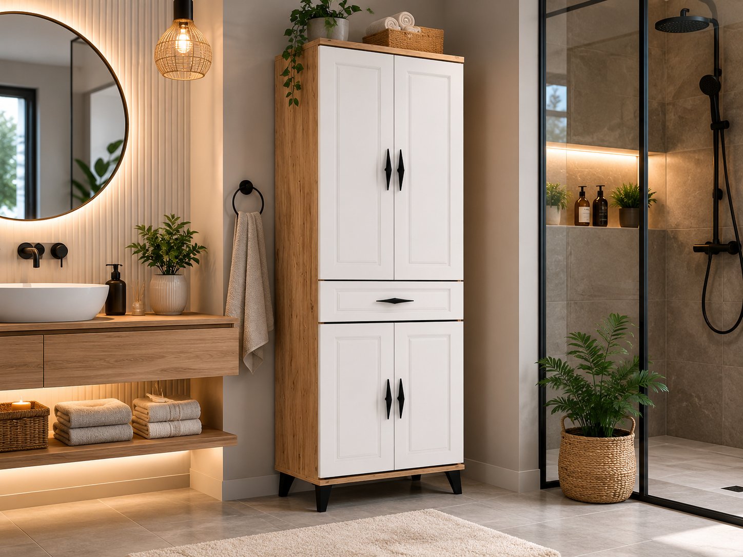 Levent Dlp.0001-216 4 Kapaklı 1 Çekmeceli Çok Amaçlı Dolap Meşe Beyaz