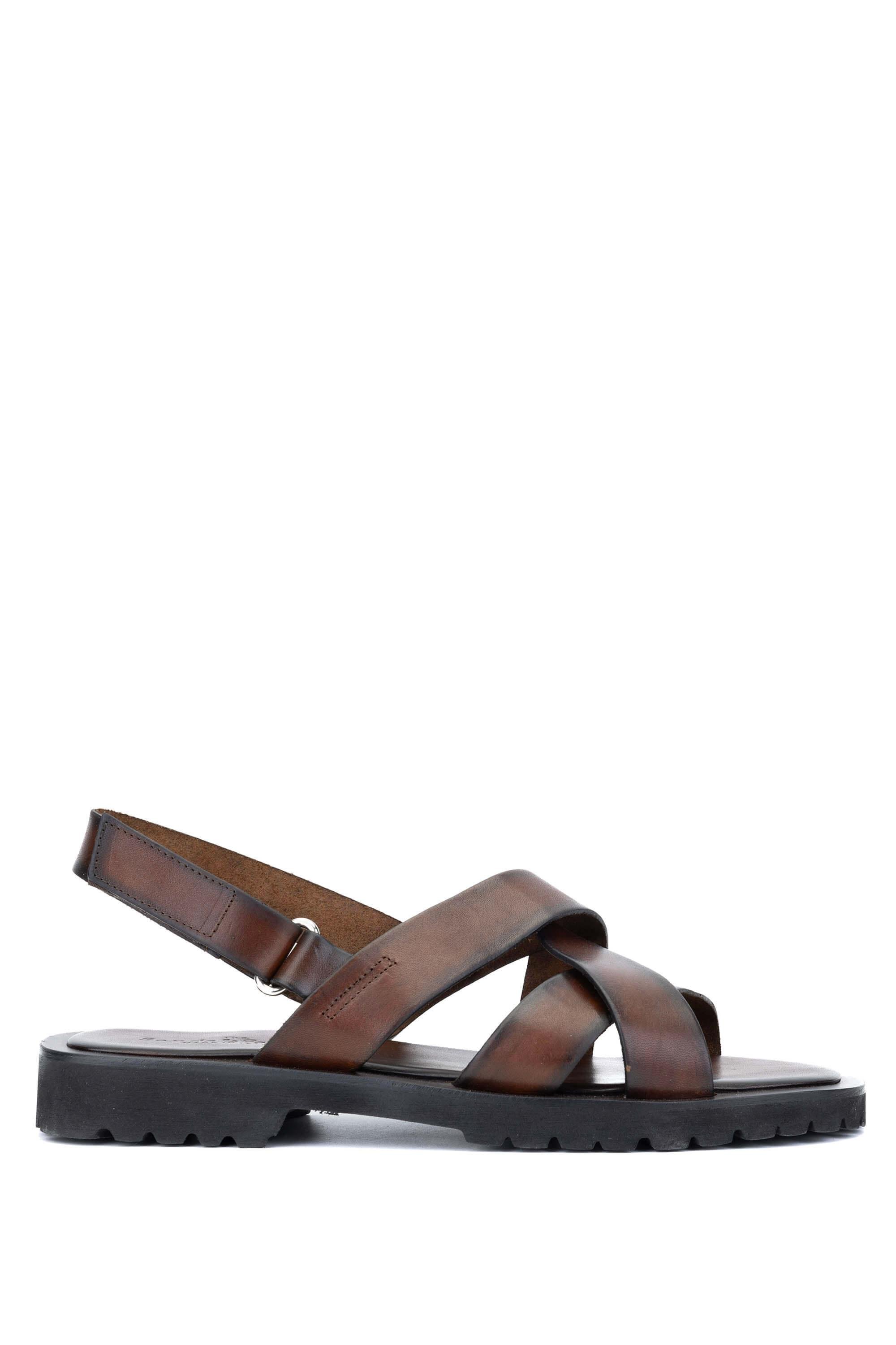 Sandals Factory Erkek Hakiki Deri Kahverengi Düz Sandalet