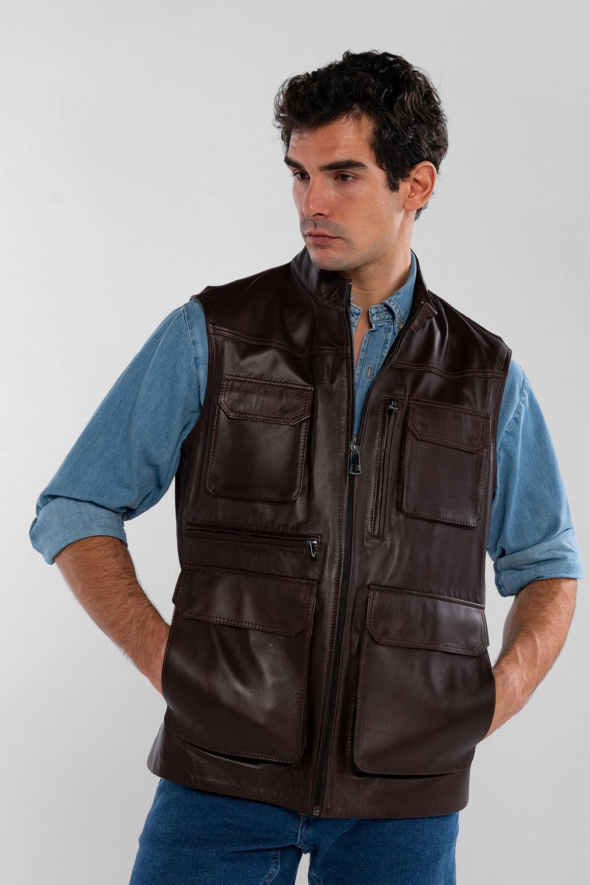 Tamer Tanca Erkek Hakiki Deri Kahverengi Yelek Deri Mont