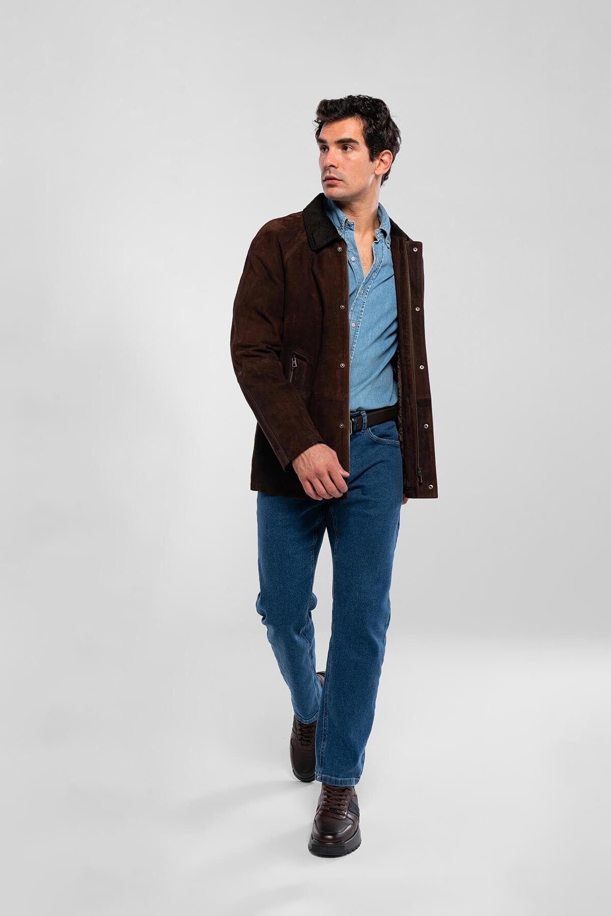 Tamer Tanca Erkek Hakiki Deri Kahverengi Nubuk Deri Mont