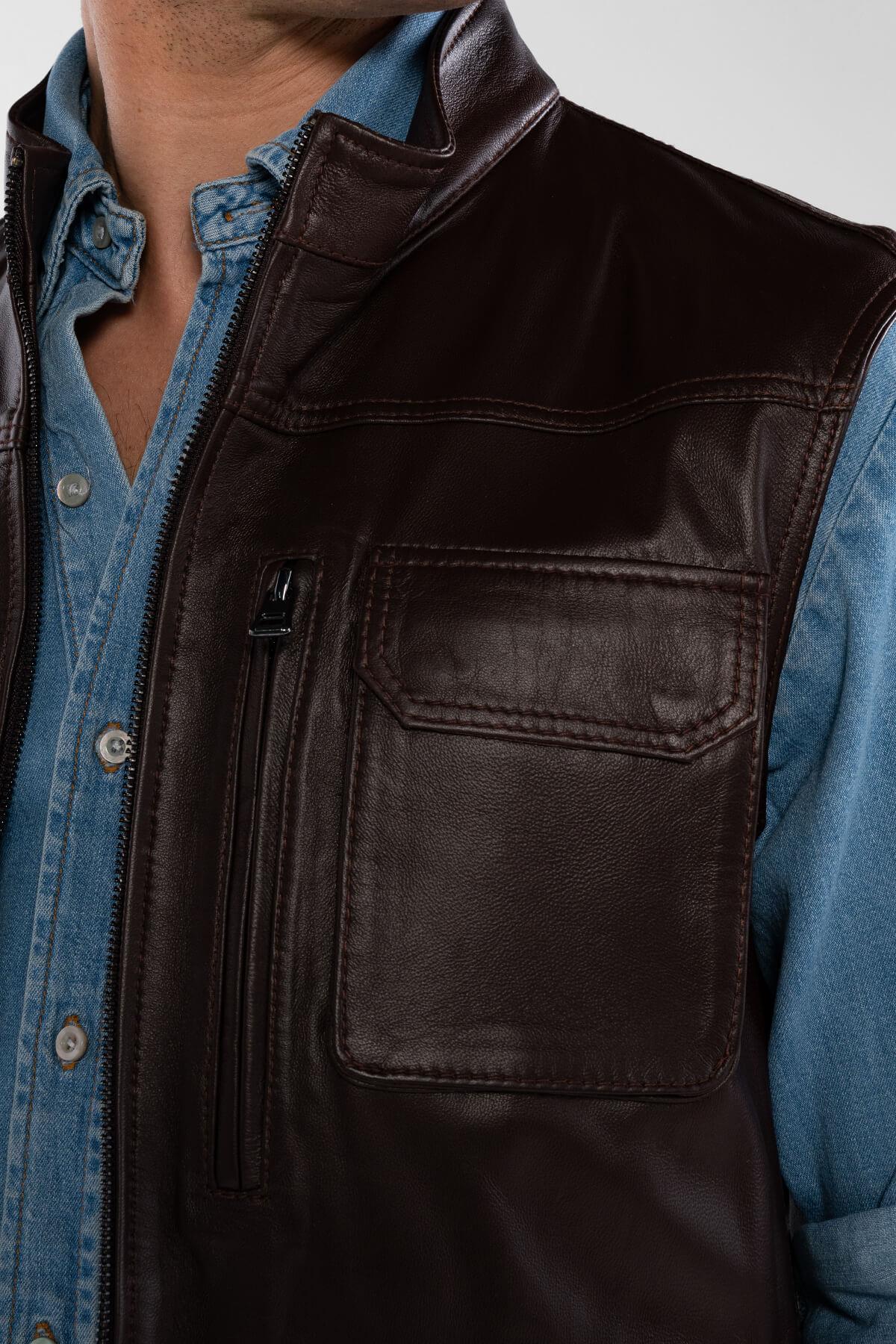 Tamer Tanca Erkek Hakiki Deri Kahverengi Yelek Deri Mont