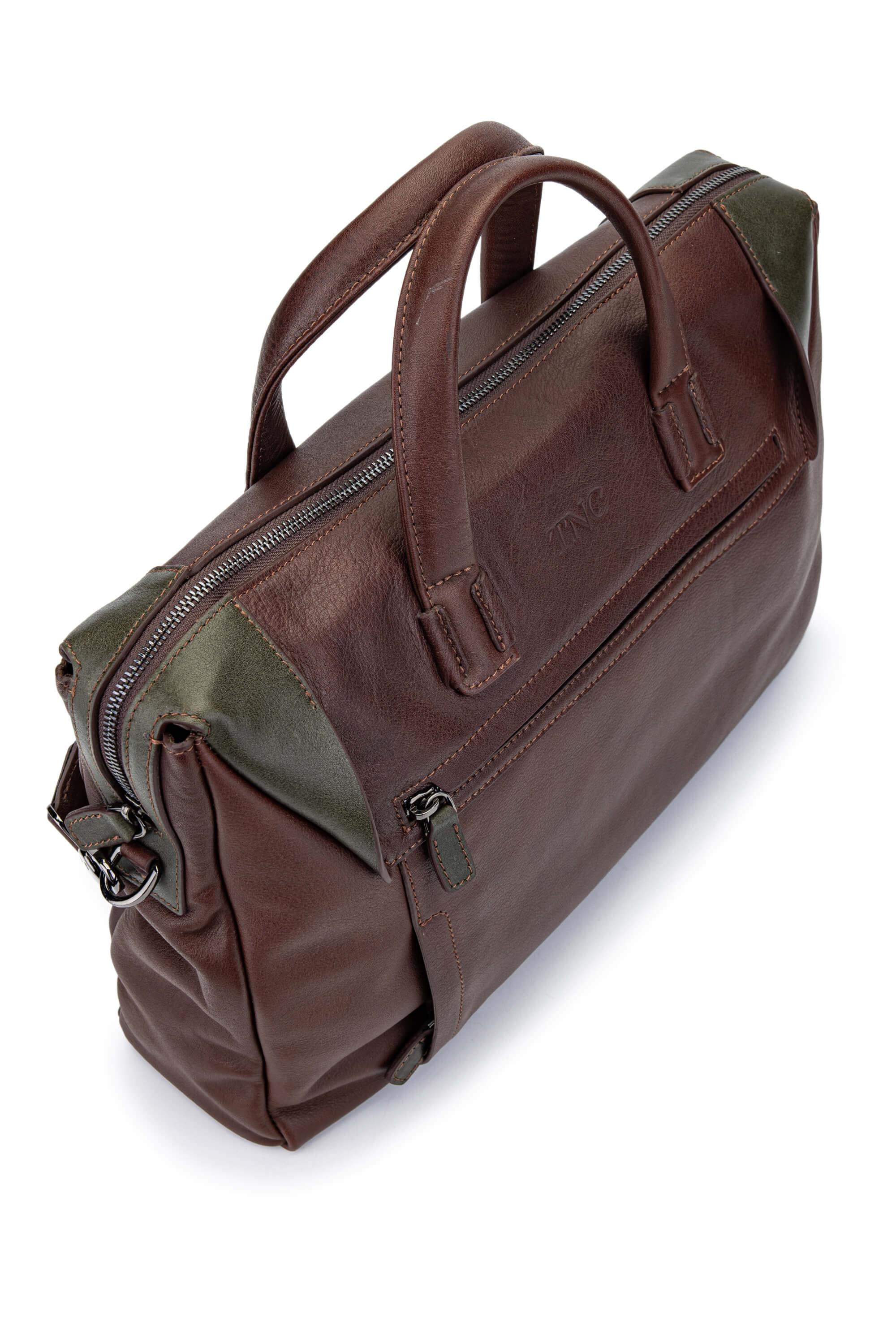 Tamer Tanca Erkek Hakiki Deri Kestane/Yeşil Evrak Çantası