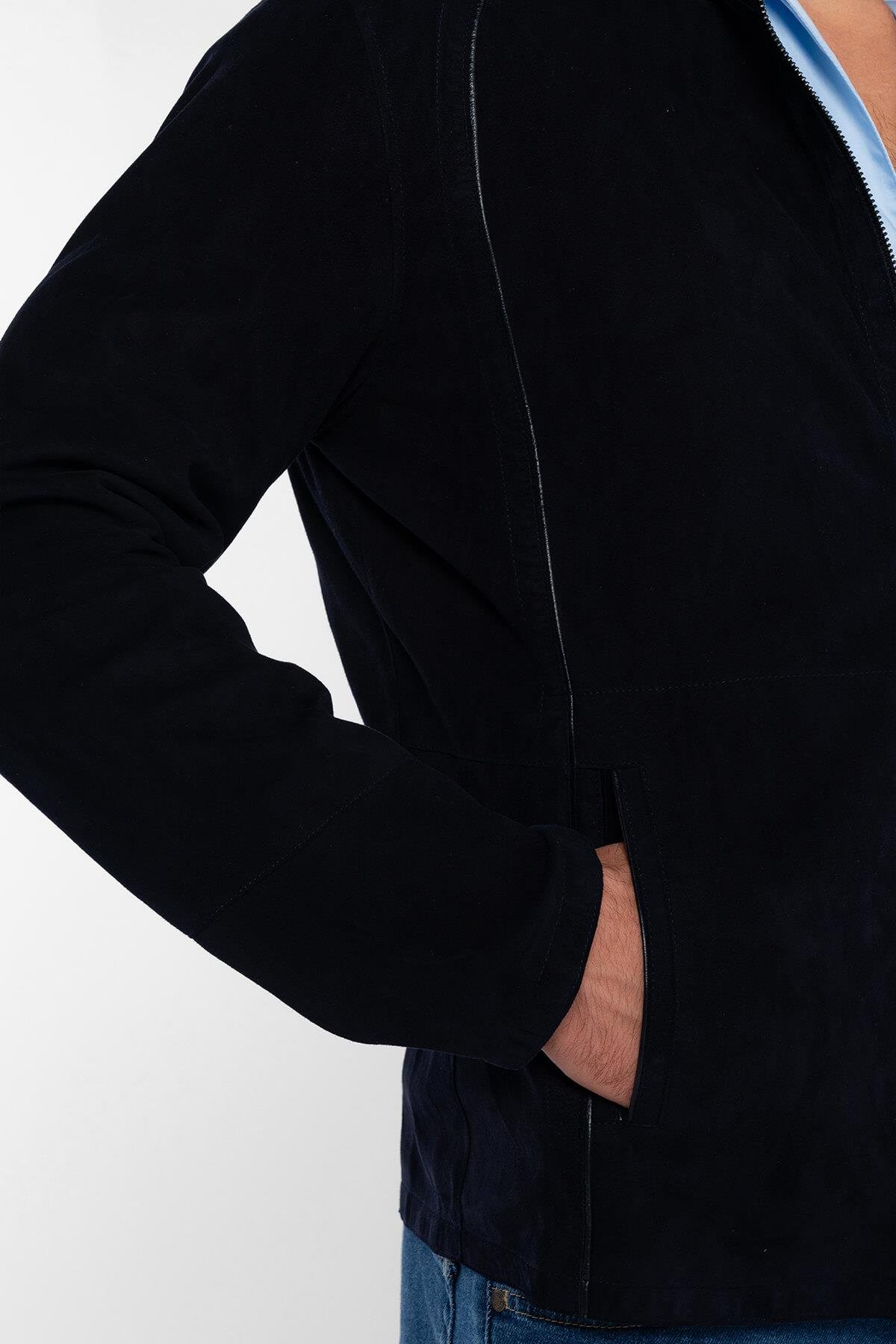 Tamer Tanca Erkek Hakiki Deri Lacivert Süet Deri Mont