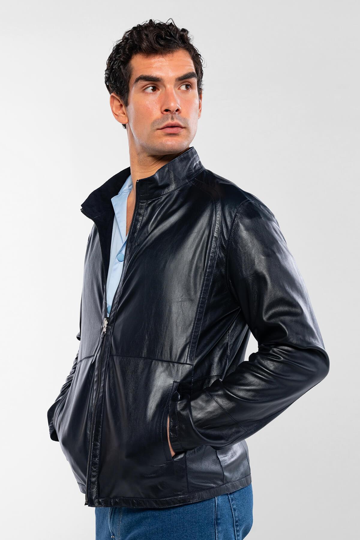 Tamer Tanca Erkek Hakiki Deri Lacivert Süet Deri Mont