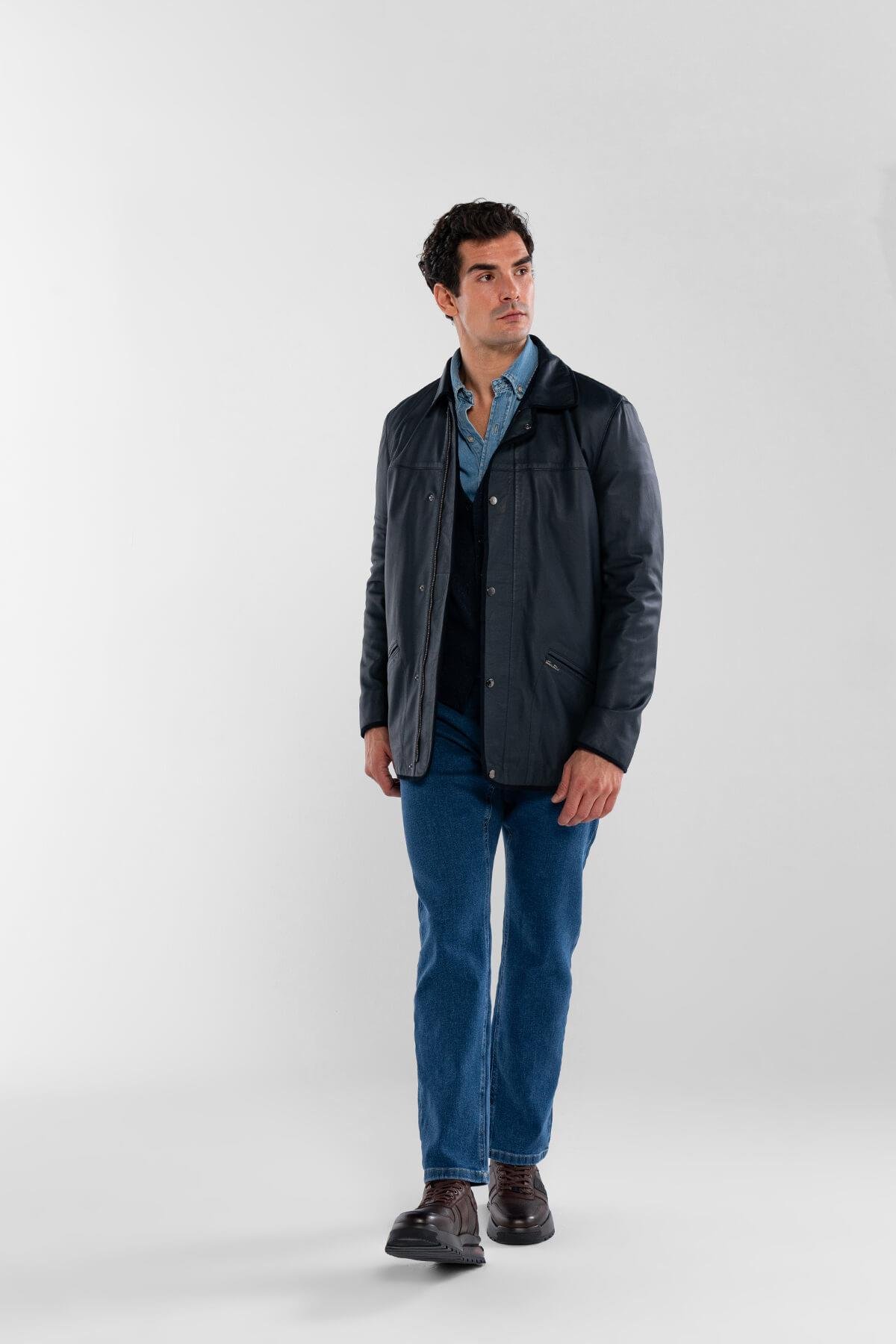 Tamer Tanca Erkek Hakiki Deri Lacivert Deri Mont