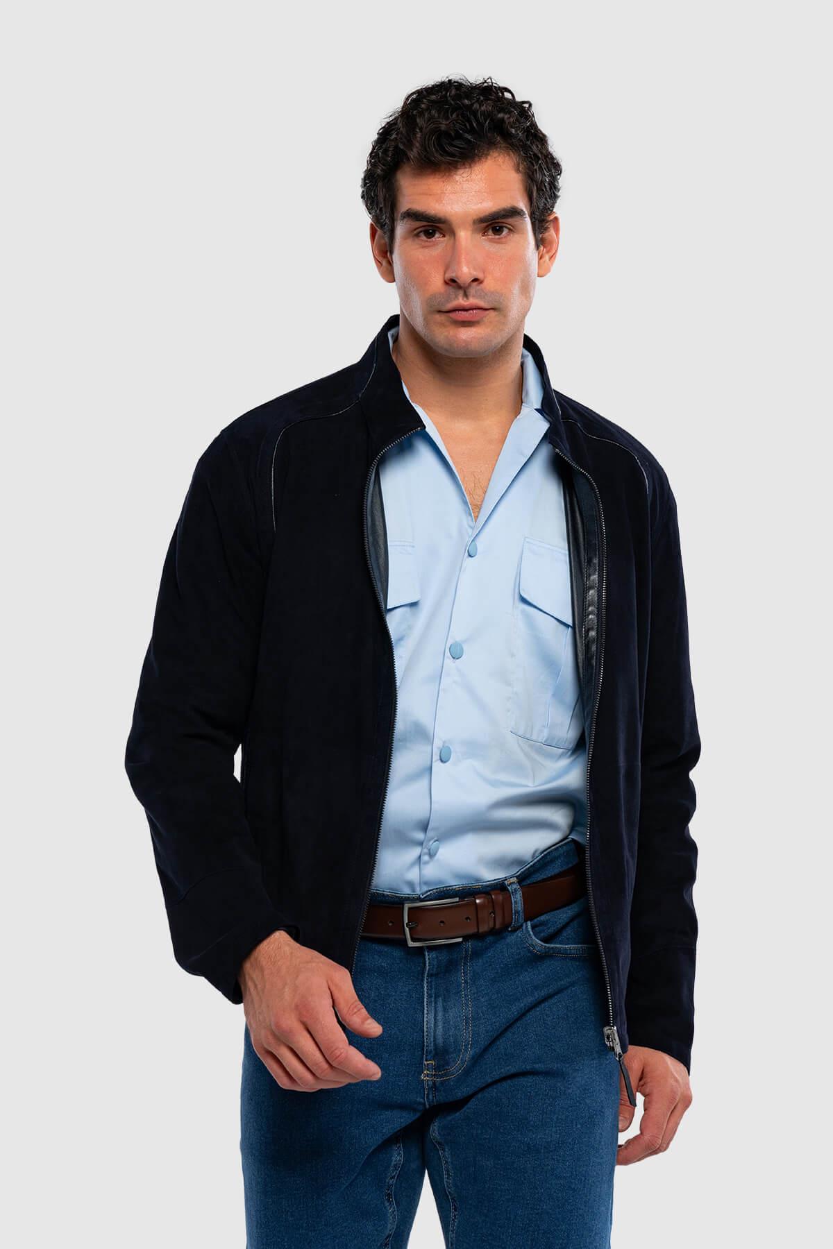 Tamer Tanca Erkek Hakiki Deri Lacivert Süet Deri Mont