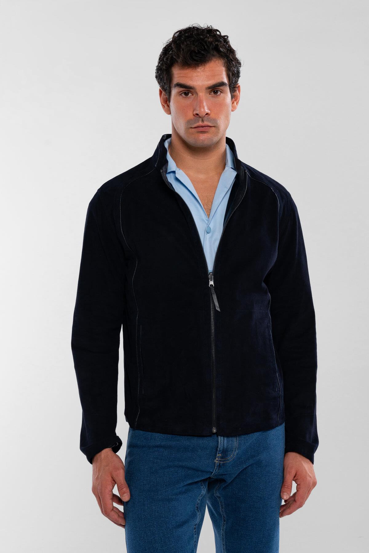 Tamer Tanca Erkek Hakiki Deri Lacivert Süet Deri Mont