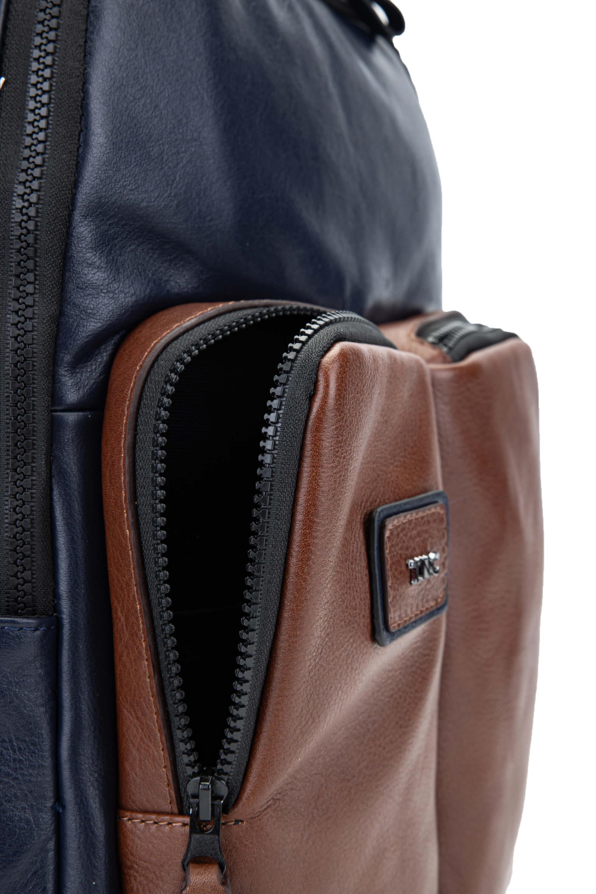 Tamer Tanca Erkek Hakiki Deri Lacivert/Taba Sırt Çantası