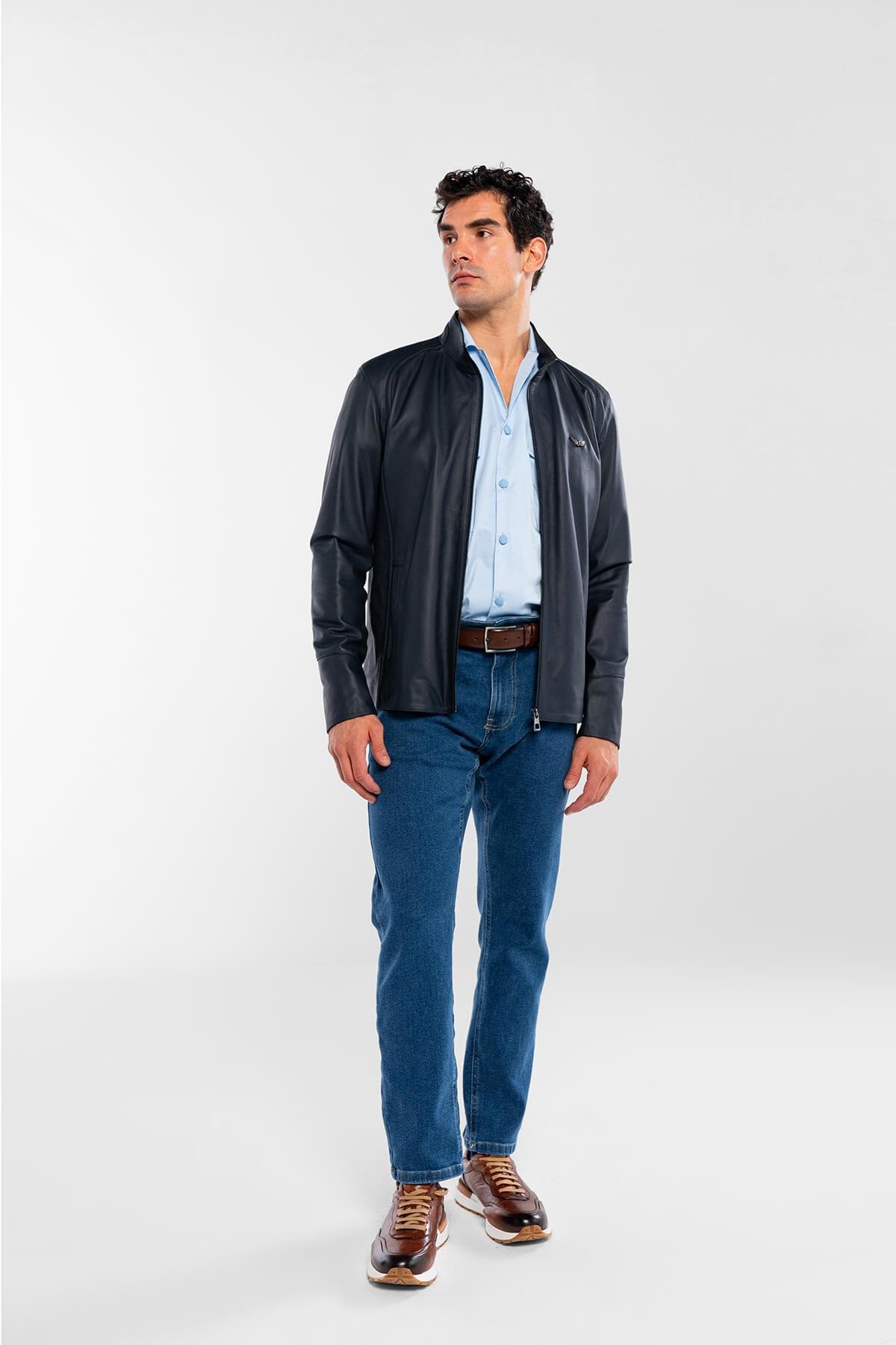Tamer Tanca Erkek Hakiki Deri Lacivert Deri Mont