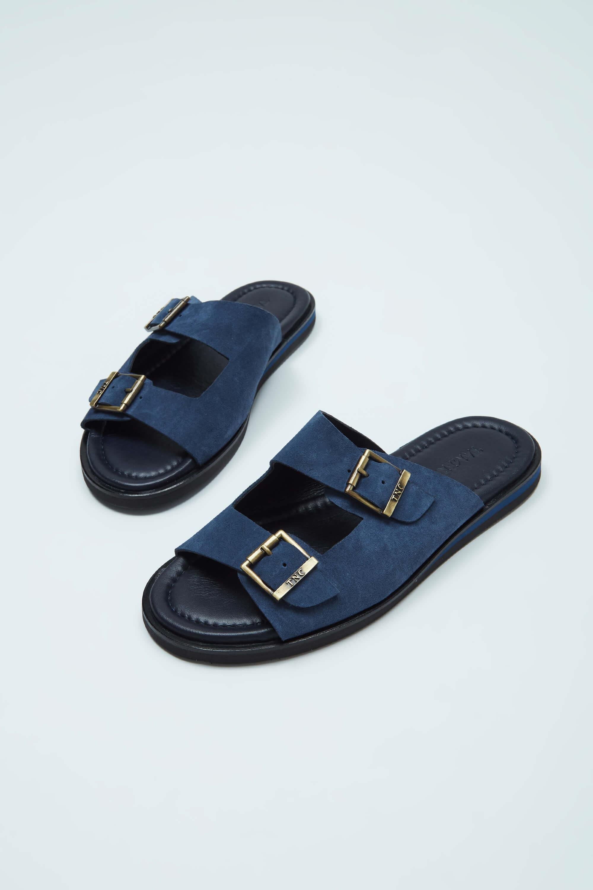 Tamer Tanca Erkek Hakiki Deri Mavi Düz Terlik