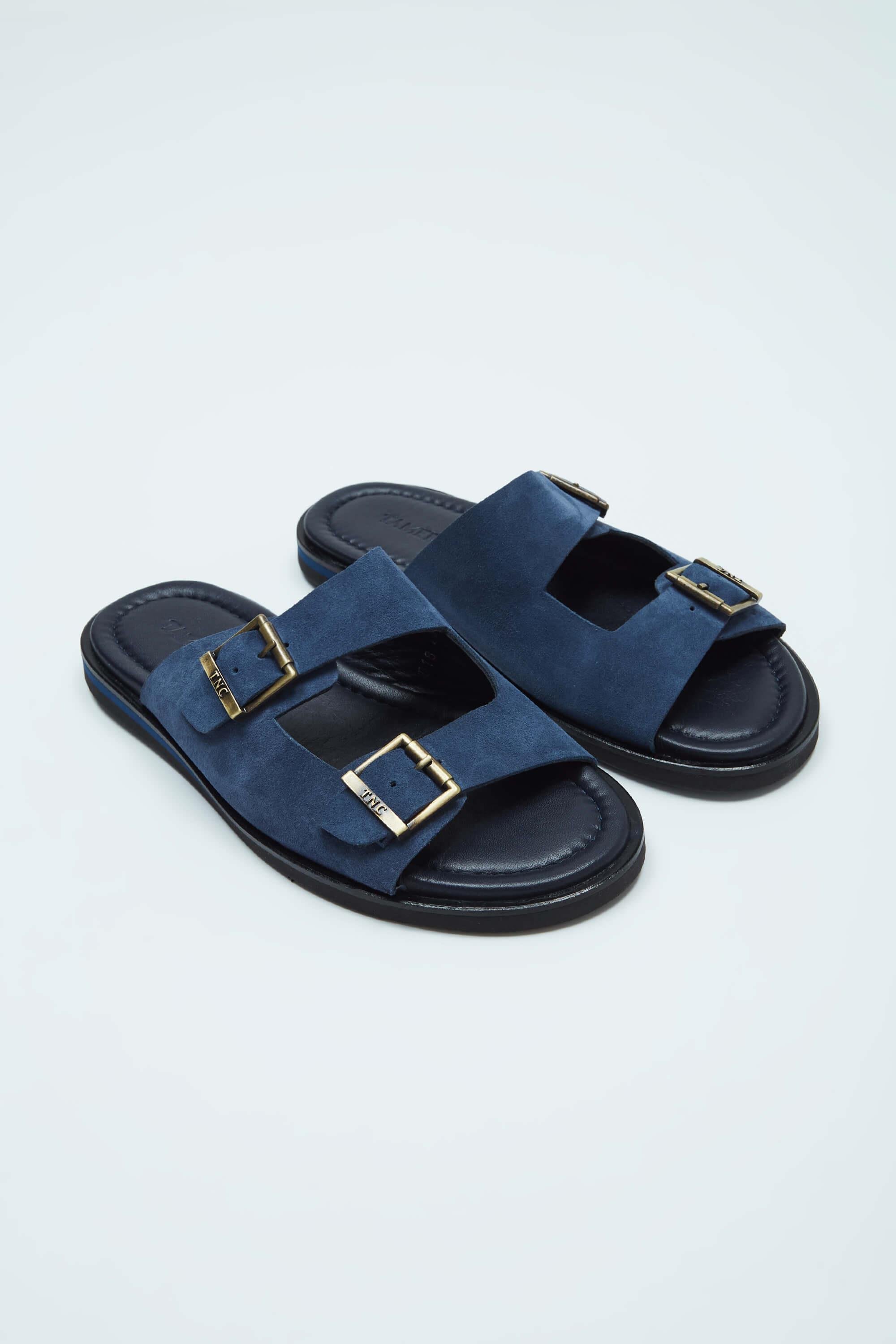 Tamer Tanca Erkek Hakiki Deri Mavi Düz Terlik