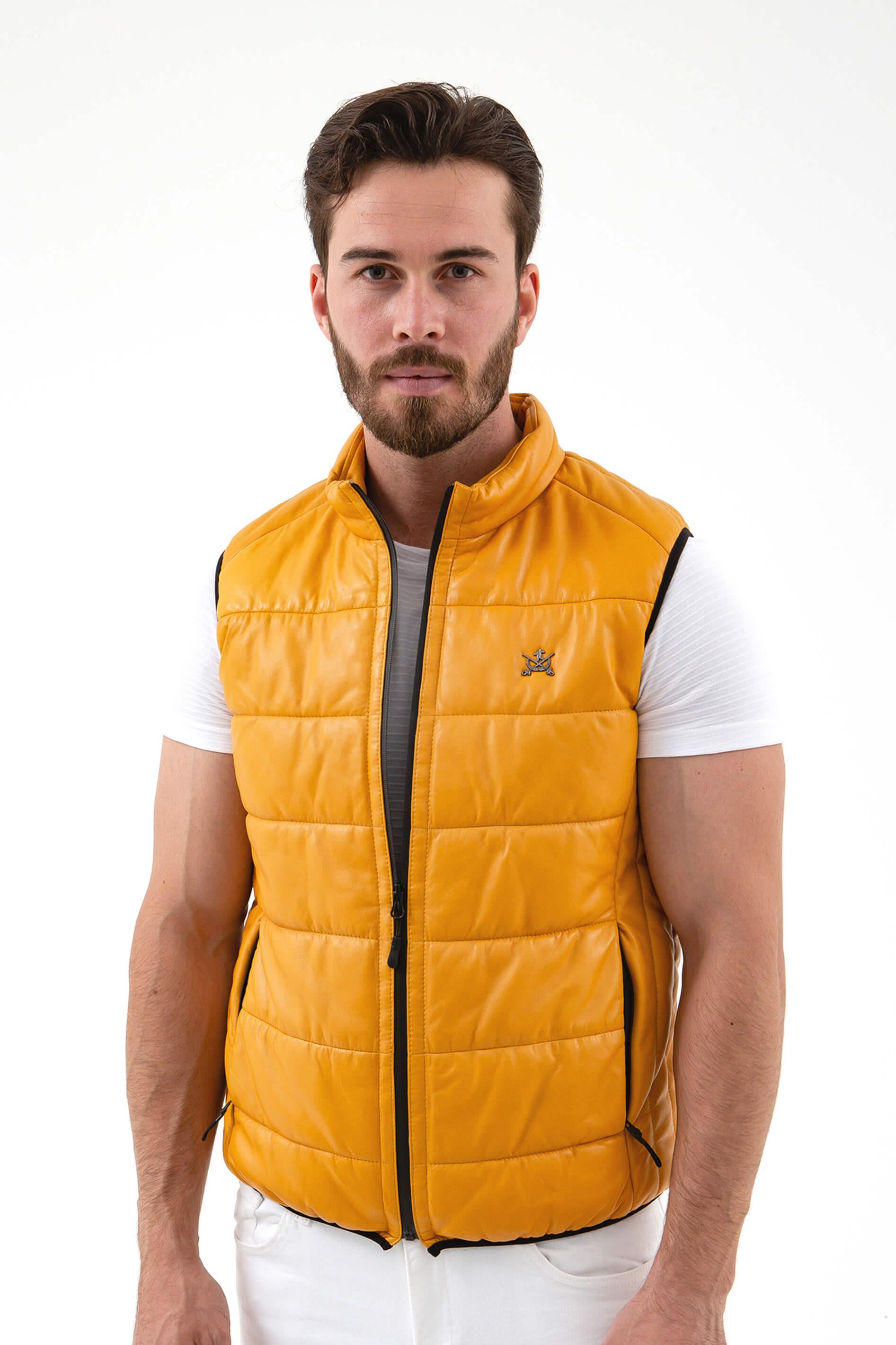 Tamer Tanca Erkek Hakiki Deri Sarı Yelek Deri Mont