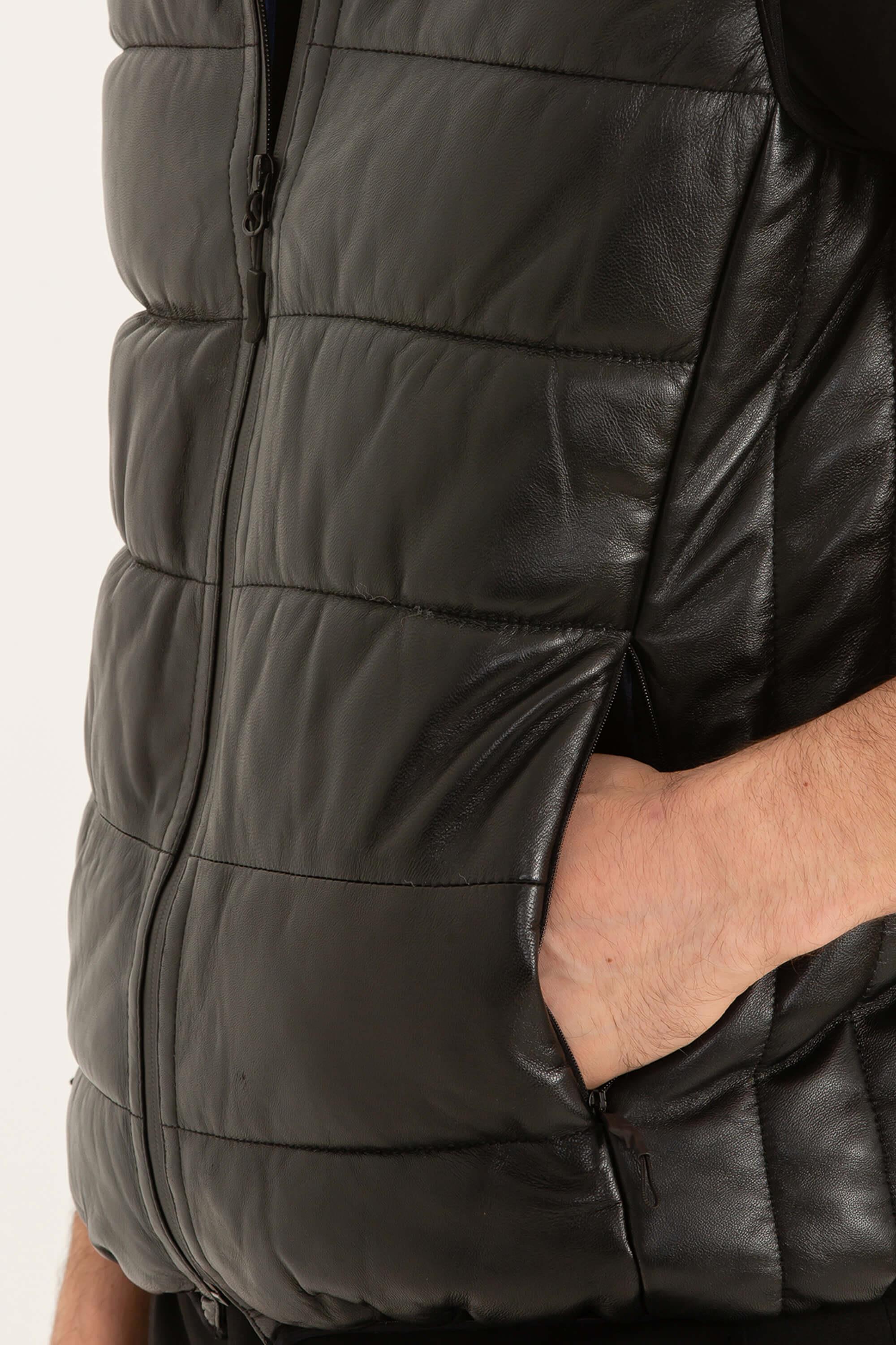 Tamer Tanca Erkek Hakiki Deri Siyah Deri Yelek Deri Mont