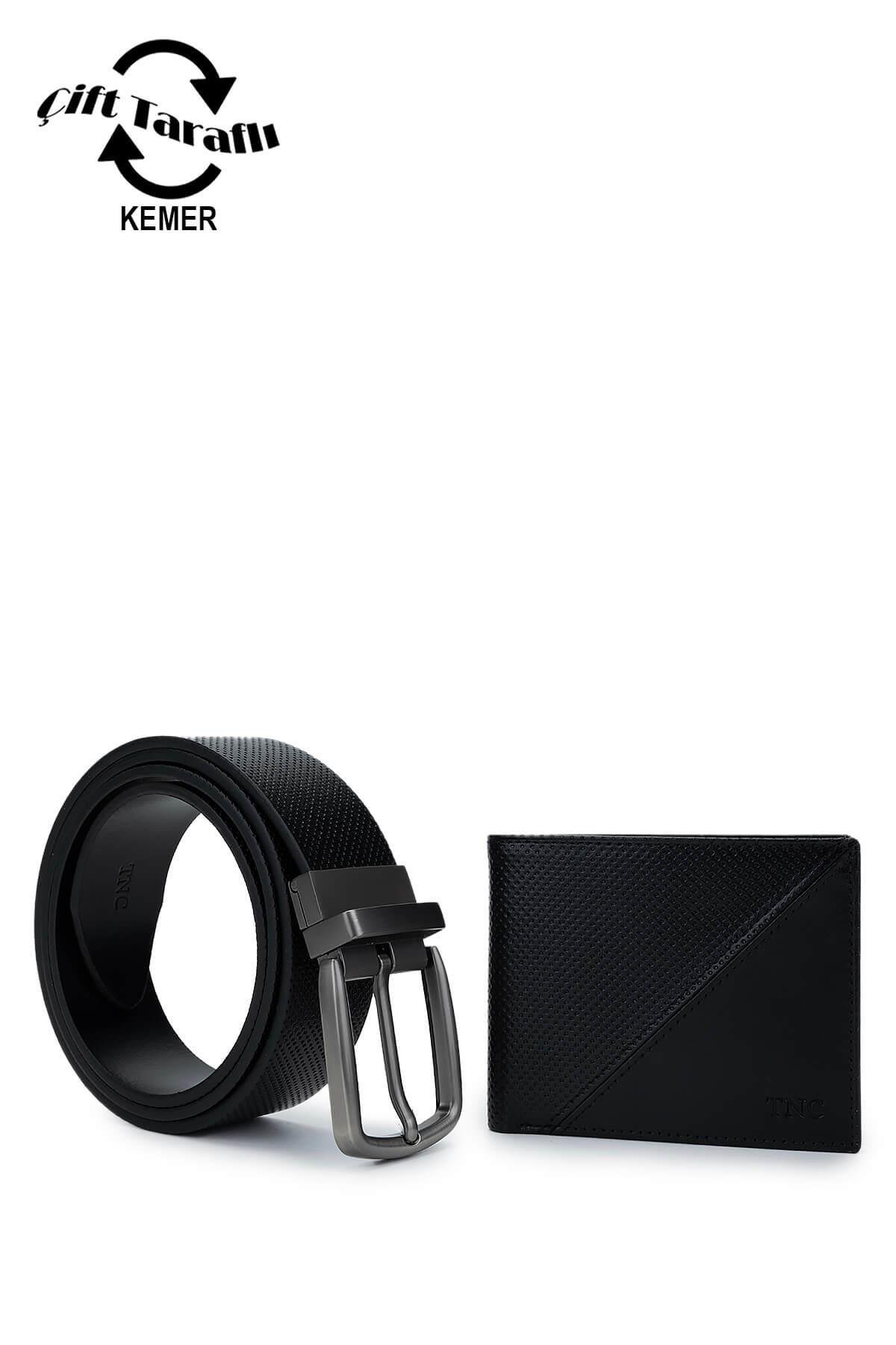 Tamer Tanca Erkek Hakiki Deri Siyah Deri Set Kutusu