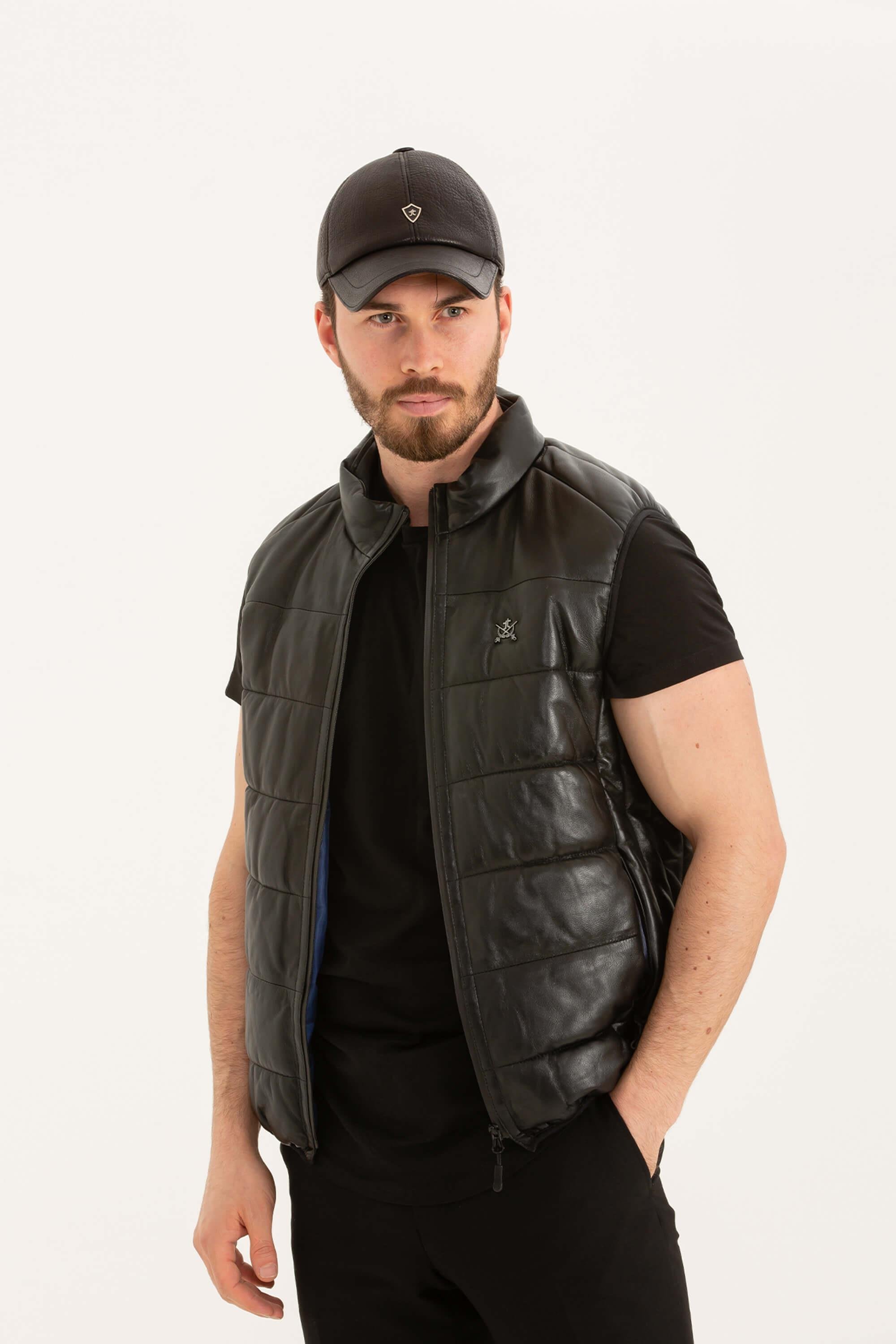 Tamer Tanca Erkek Hakiki Deri Siyah Deri Yelek Deri Mont