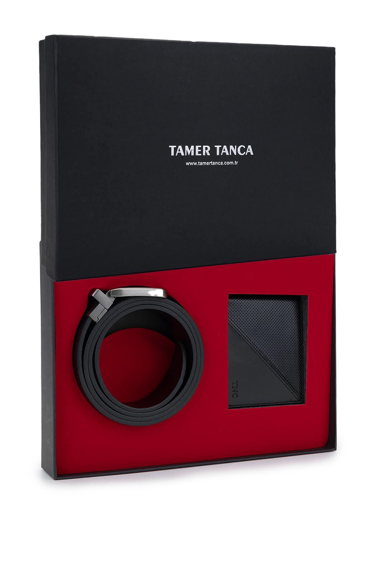 Tamer Tanca Erkek Hakiki Deri Siyah Deri Set Kutusu