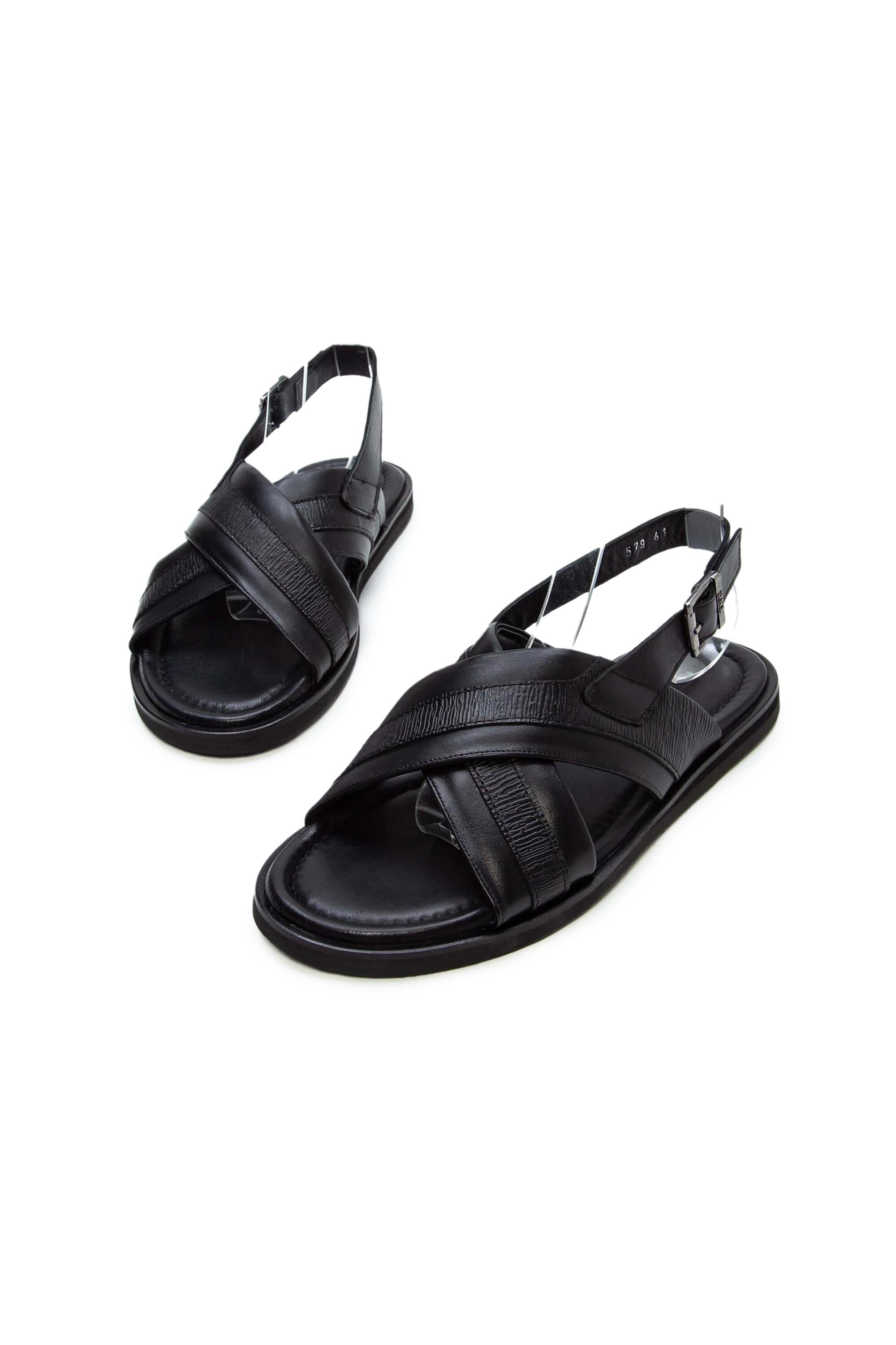 Tamer Tanca Erkek Hakiki Deri Siyah Düz Sandalet