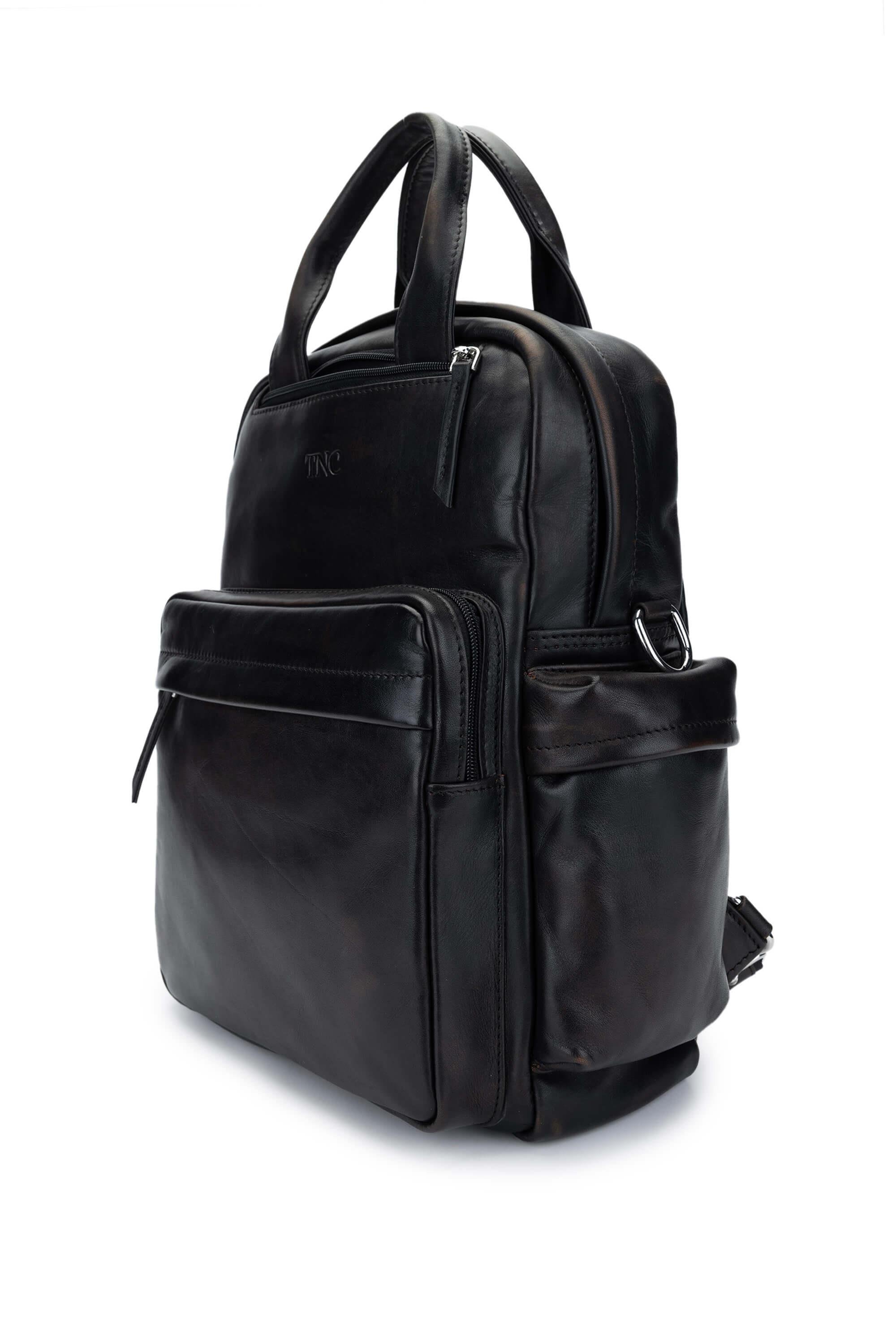 Tamer Tanca Erkek Hakiki Deri Siyah Eskitme Sırt Çantası