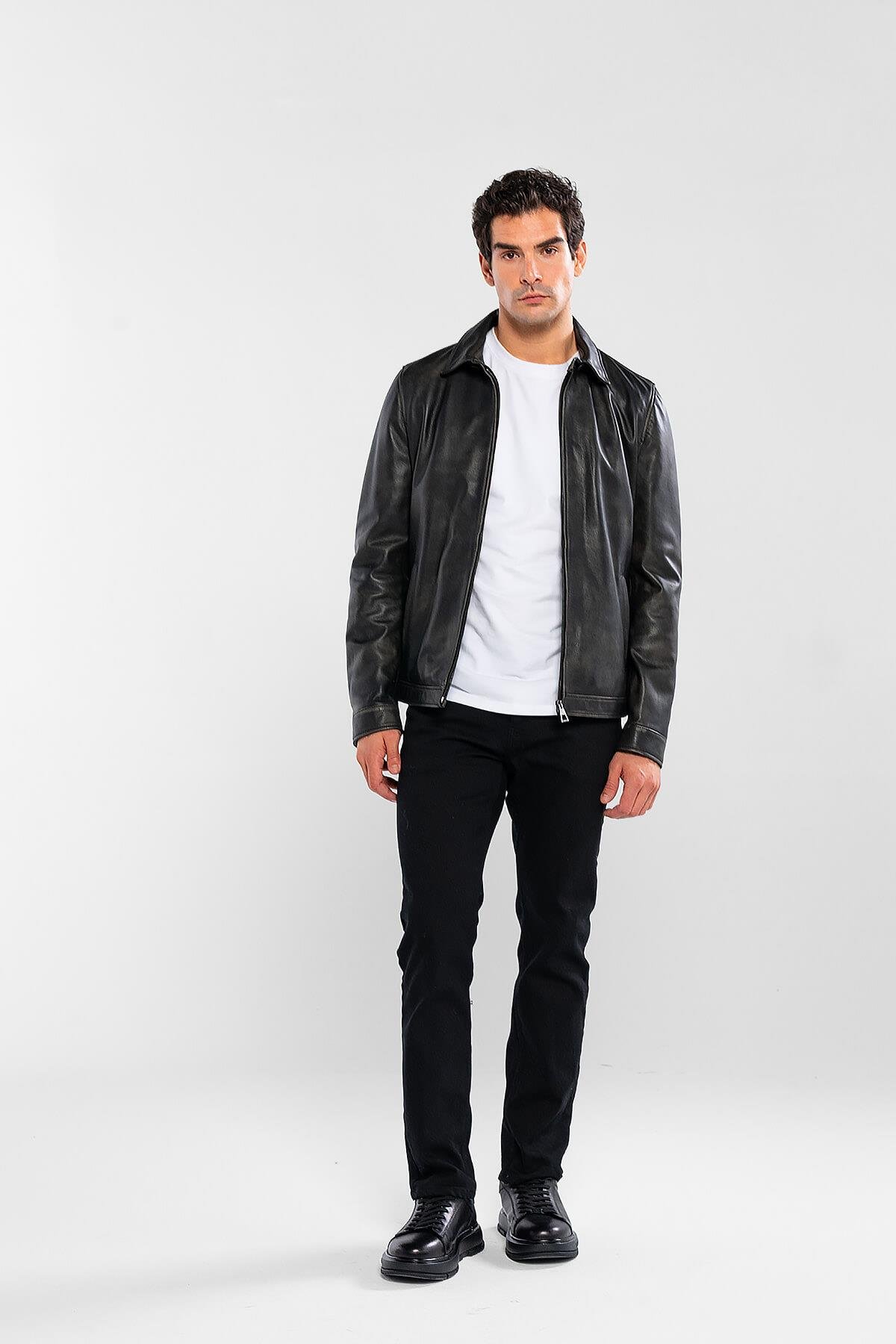 Tamer Tanca Erkek Hakiki Deri Siyah Eskitme Deri Mont