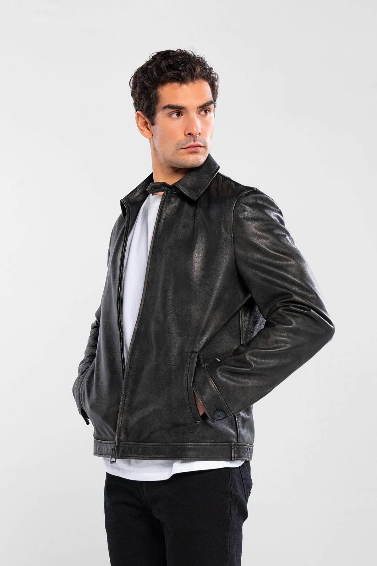 Tamer Tanca Erkek Hakiki Deri Siyah Eskitme Deri Mont