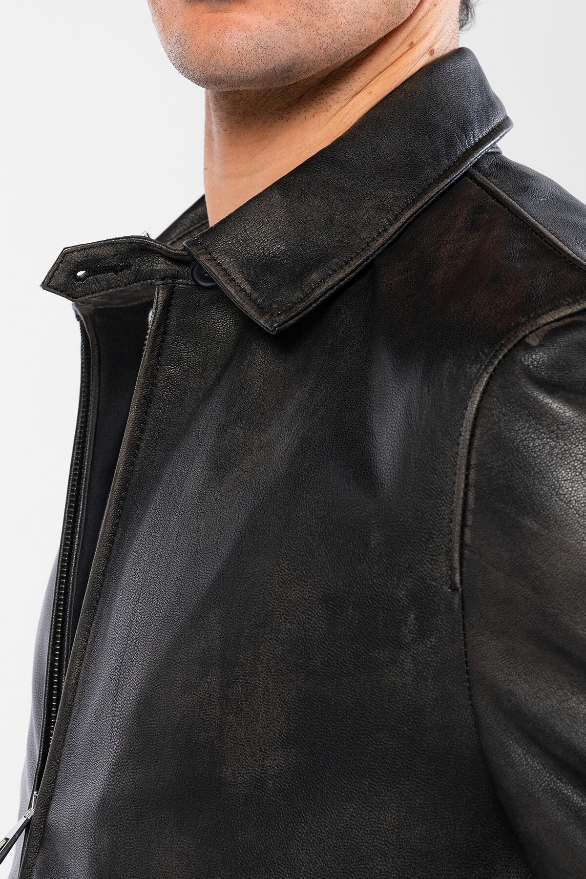 Tamer Tanca Erkek Hakiki Deri Siyah Eskitme Deri Mont